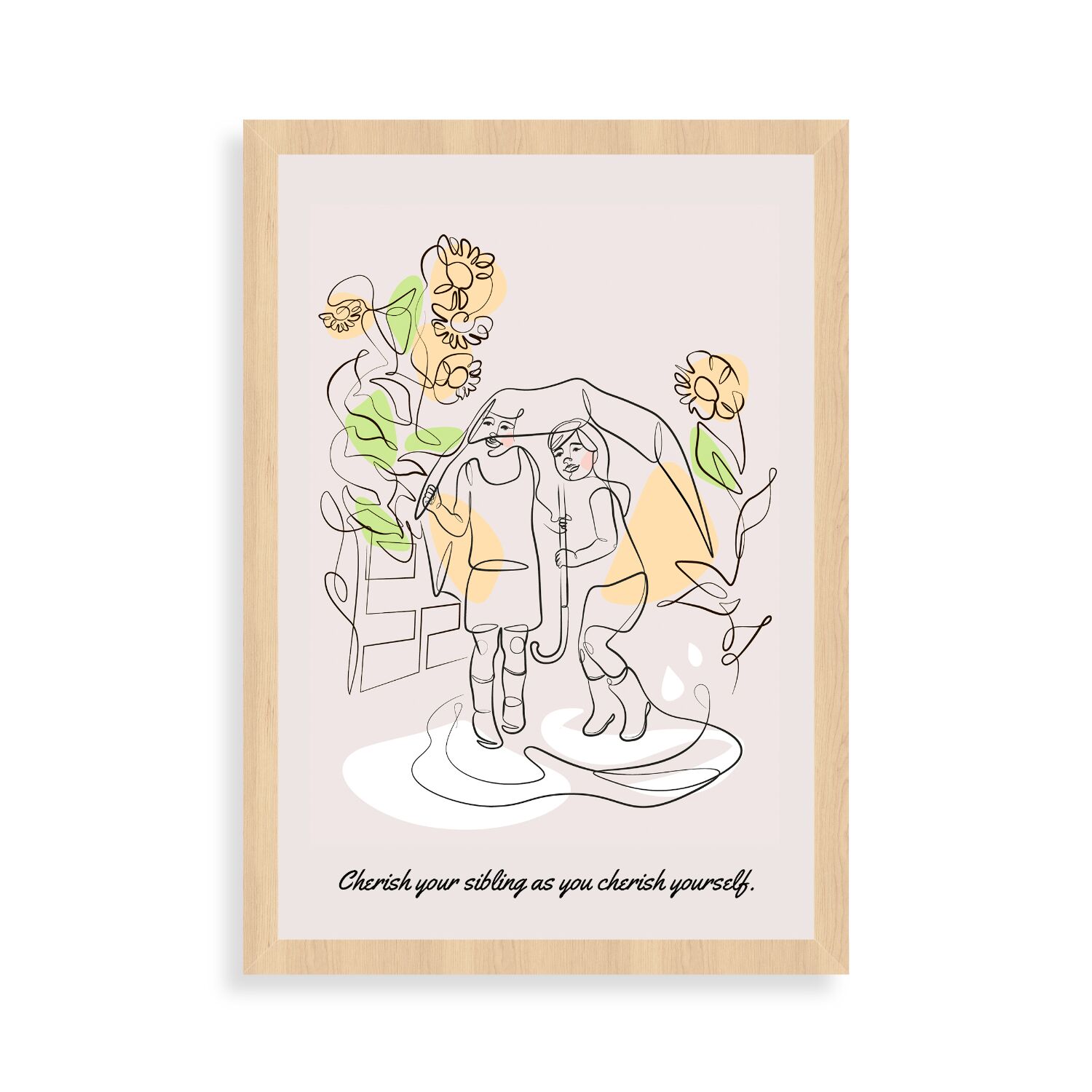 Sisters Playing in the Rain, Nursery Wall Decor Line Art Poster