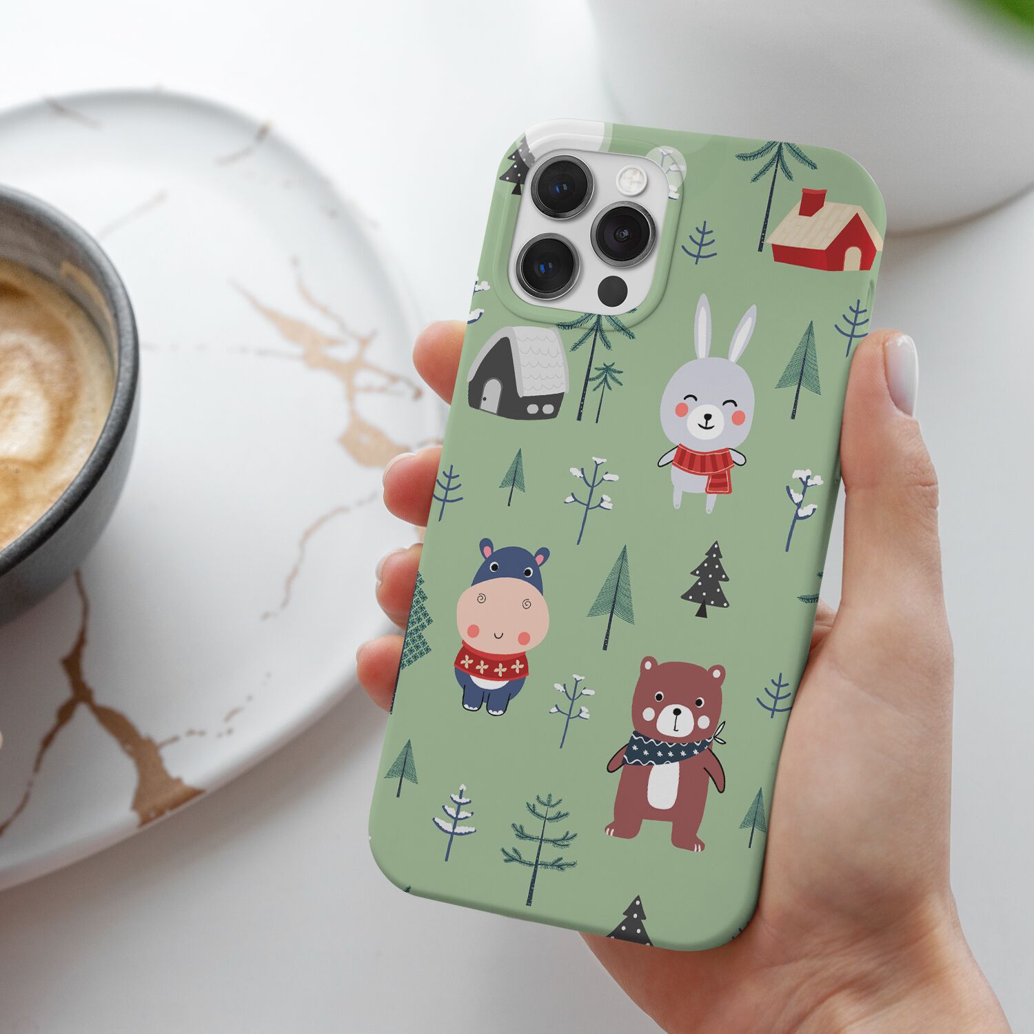 Rabbit, Cow & Bear Phone Case With Green Christmas Pattern - Image 5