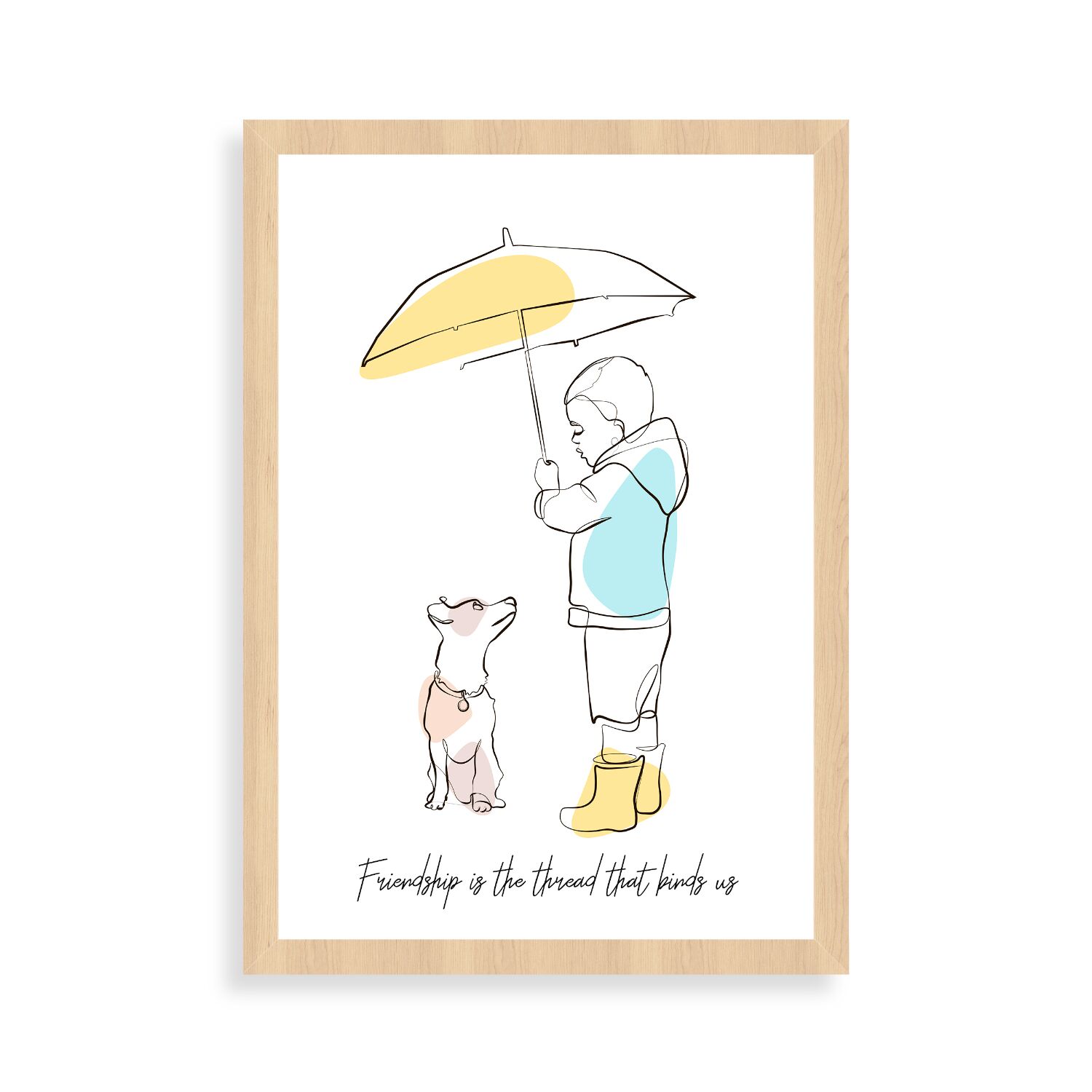 Boy Holding An Umbrella Under The Rain With His Dog Premium Matte Paper Wooden Framed Poster