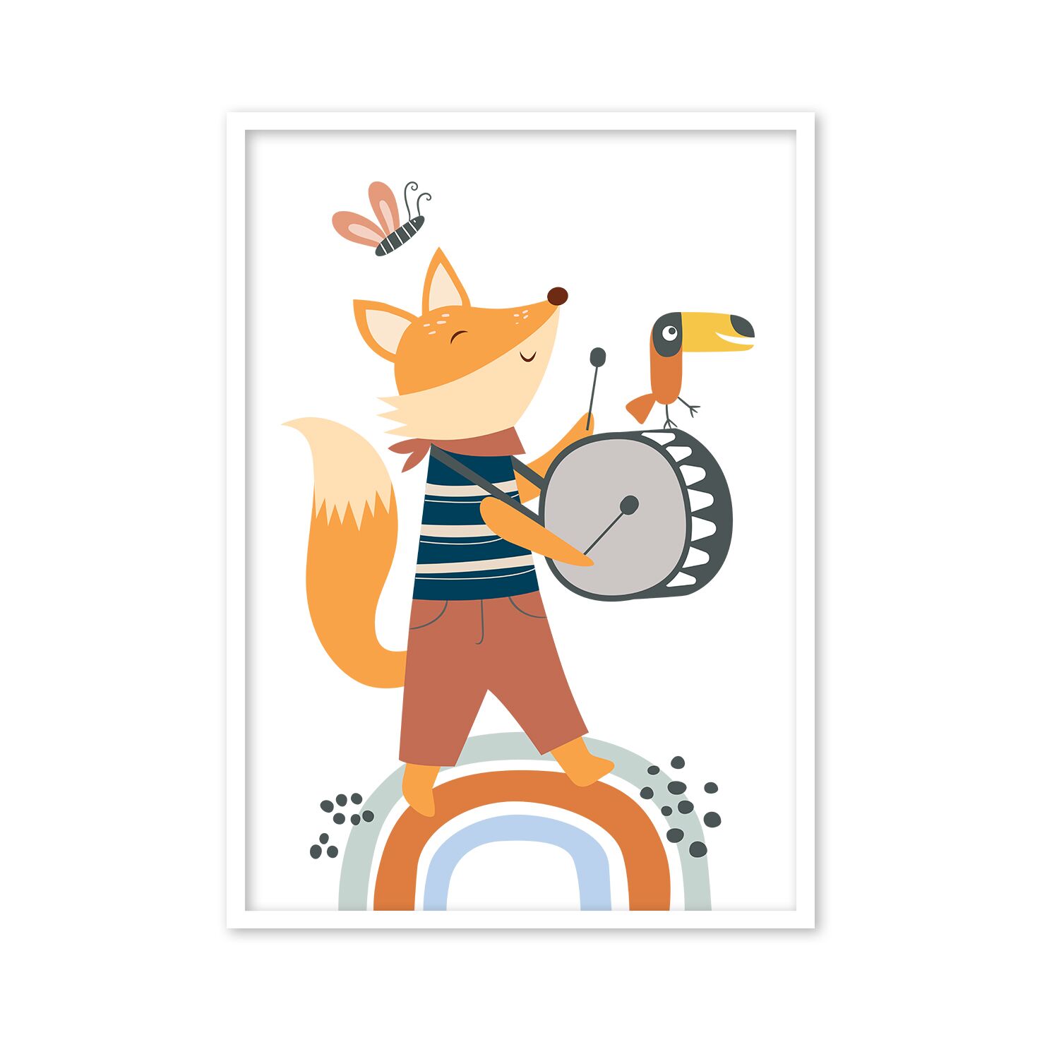 Toddlers Poster, With Fox Playing a Bass Drum With Toucan Bird And Butterfly