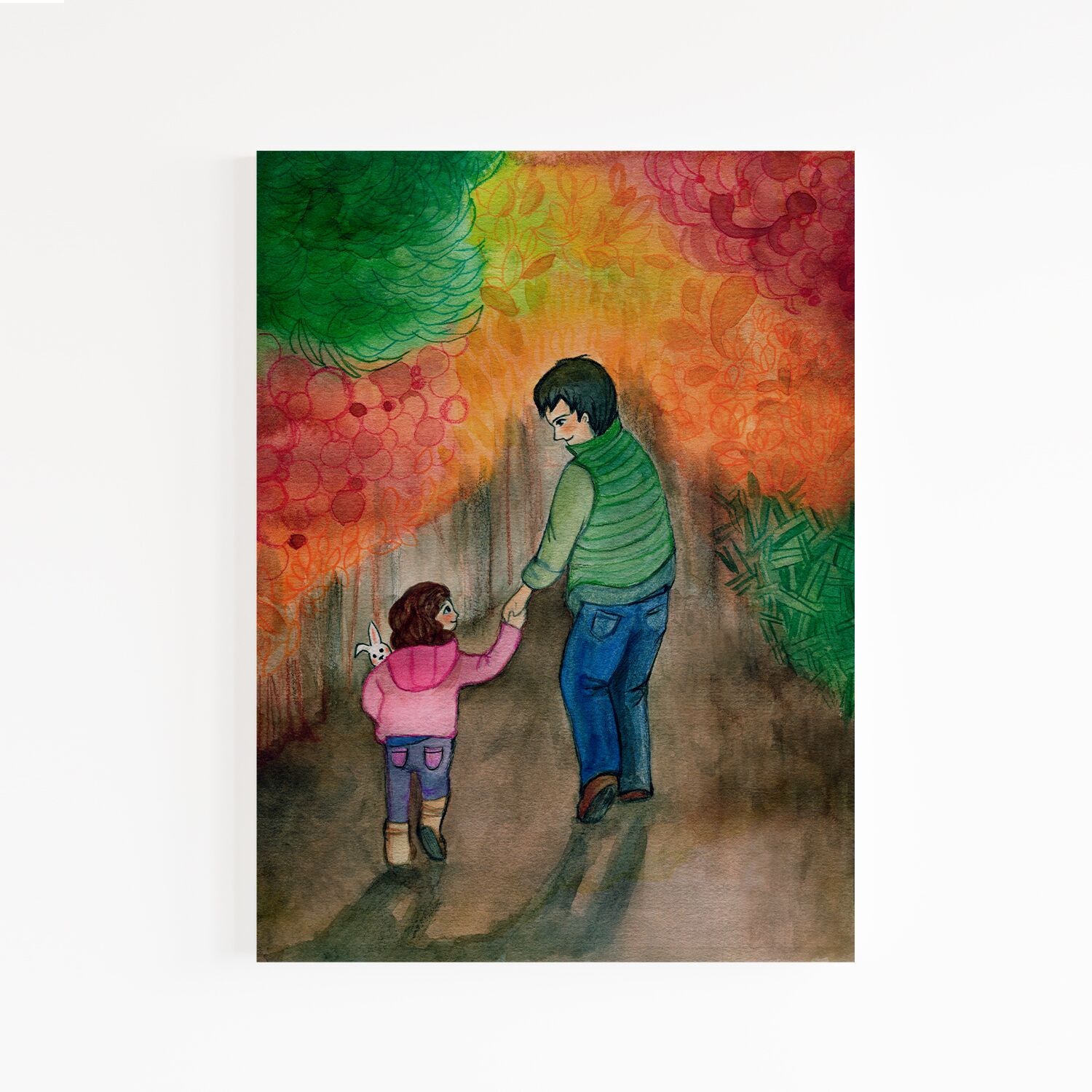 Dad and Daughter Walking with a Rabbit Wall Art