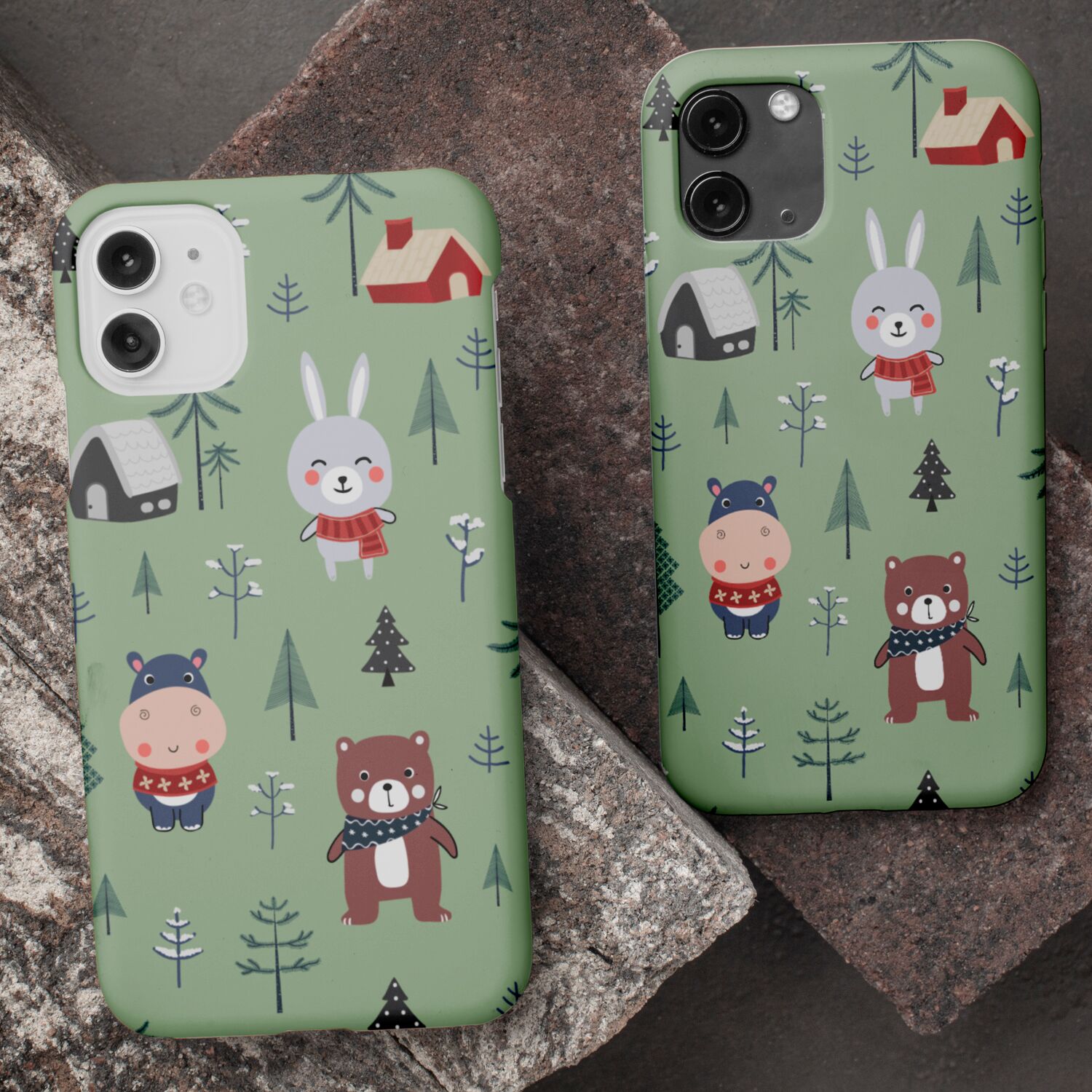 Rabbit, Cow & Bear Phone Case With Green Christmas Pattern - Image 4
