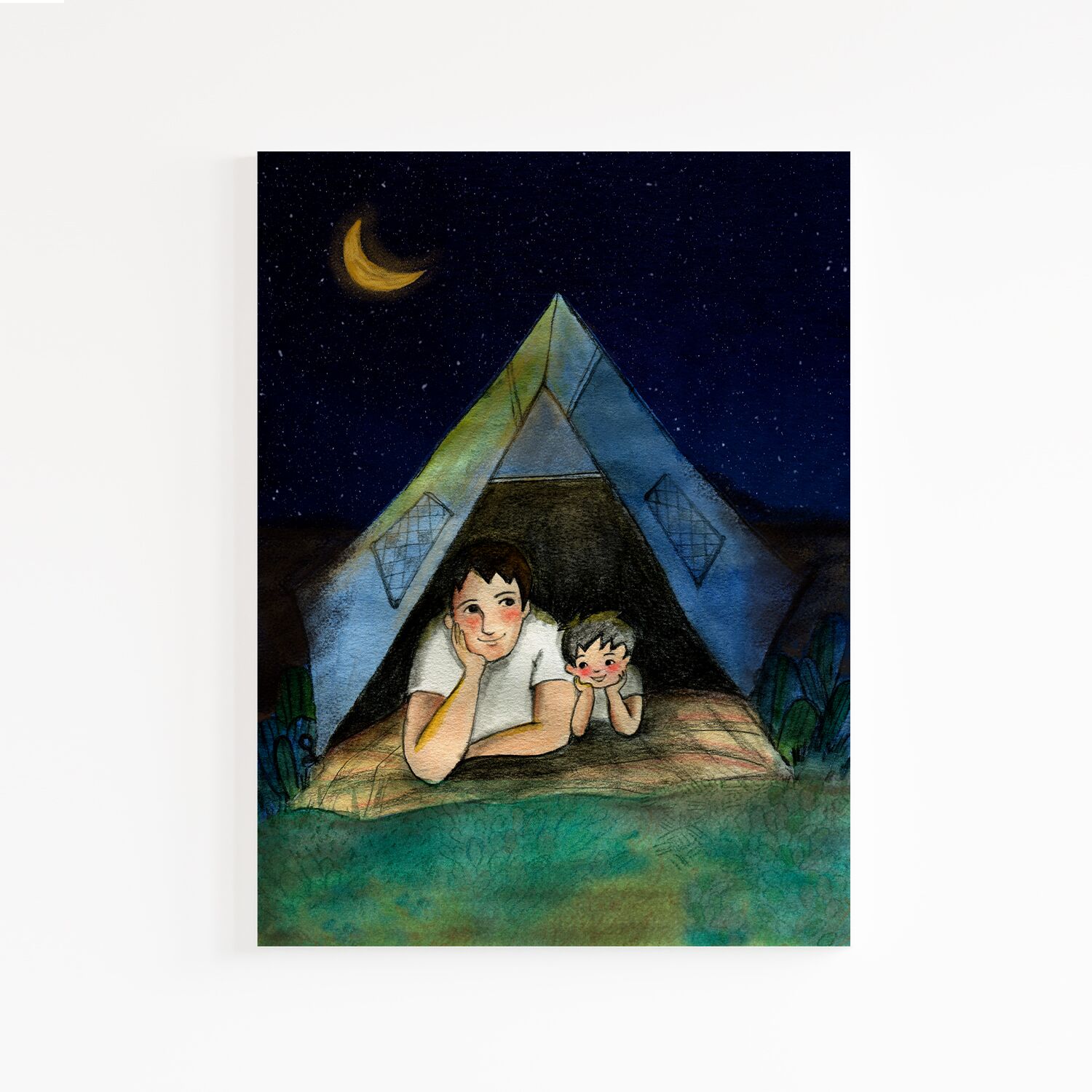 Dad and Son Stargazing in tent Wall Art