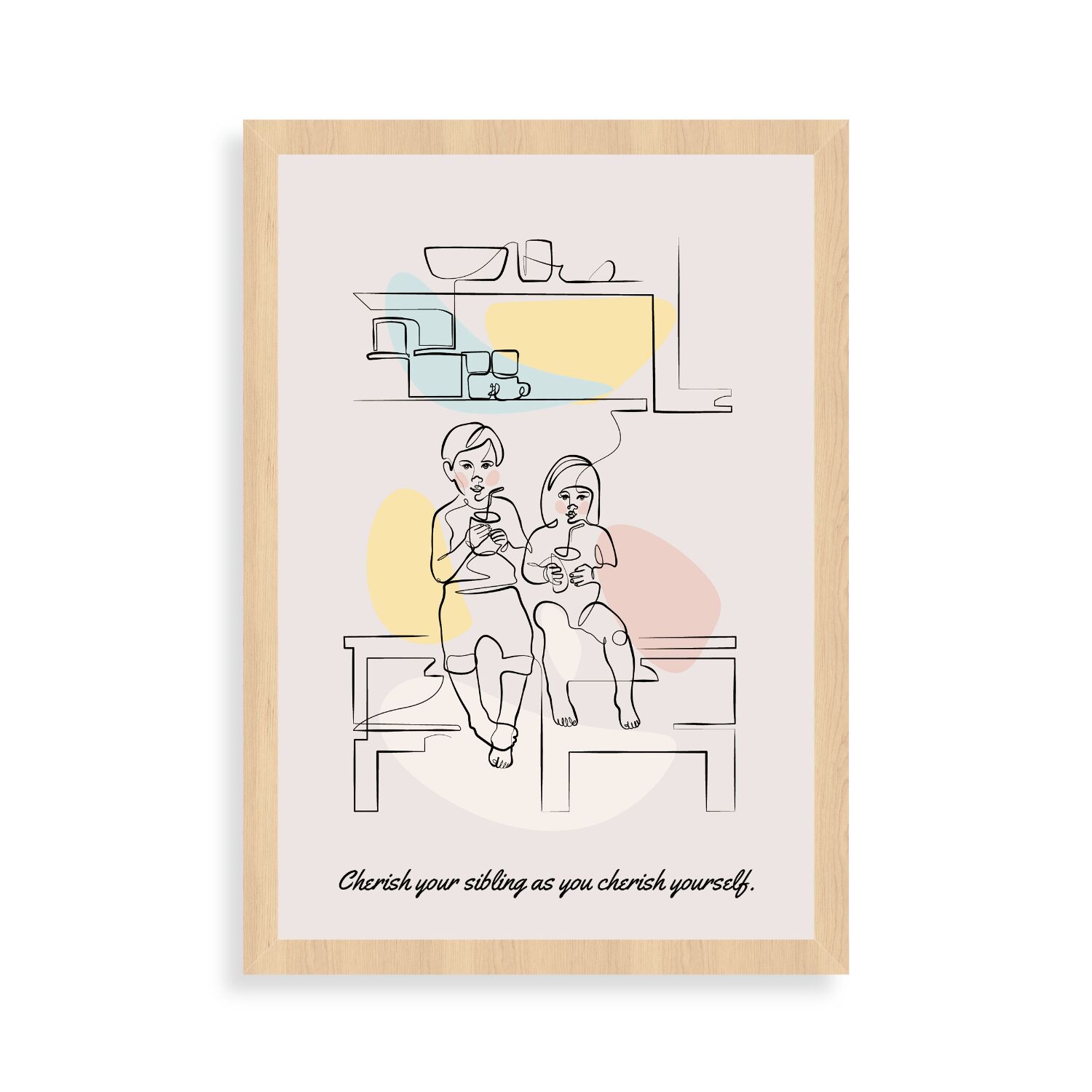 Big Brother And Little Sister Siblings Sitting In The Kitchen Nursery Line Art Framed Poster