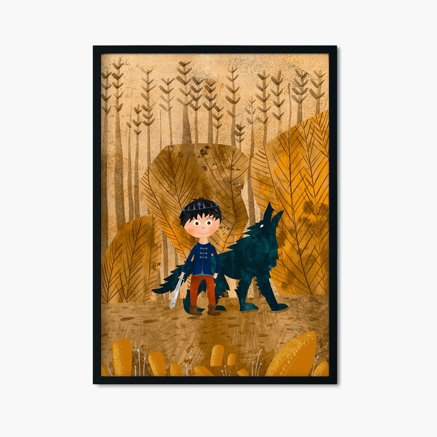 Cute Prince On Gold Crown With Wolf In Deserted Forest Personalised Wall Poster For Boys
