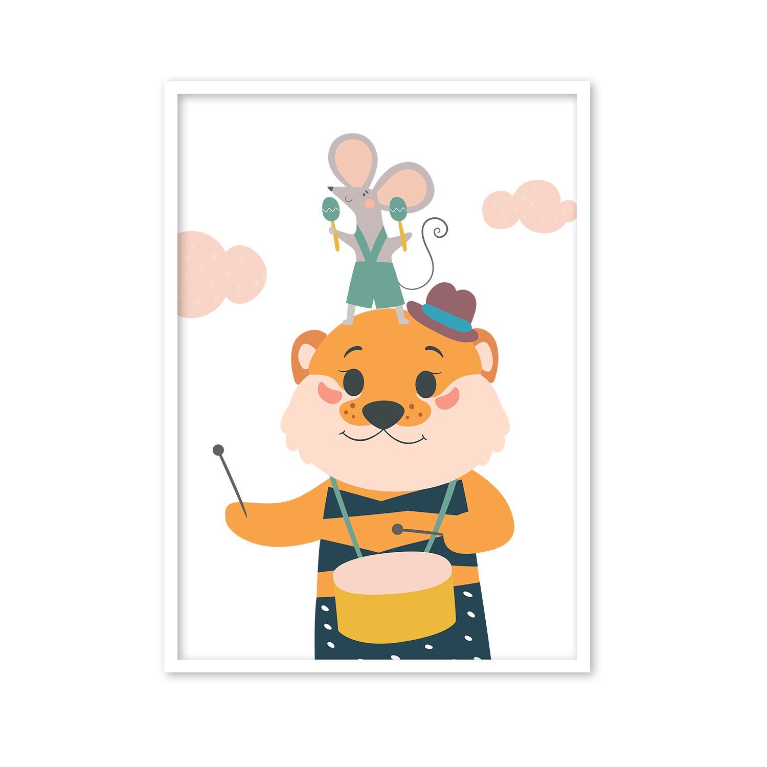 Toddlers Poster, With Cute Tiger Playing a Side Drum And Rat on His Head Playing Maracas