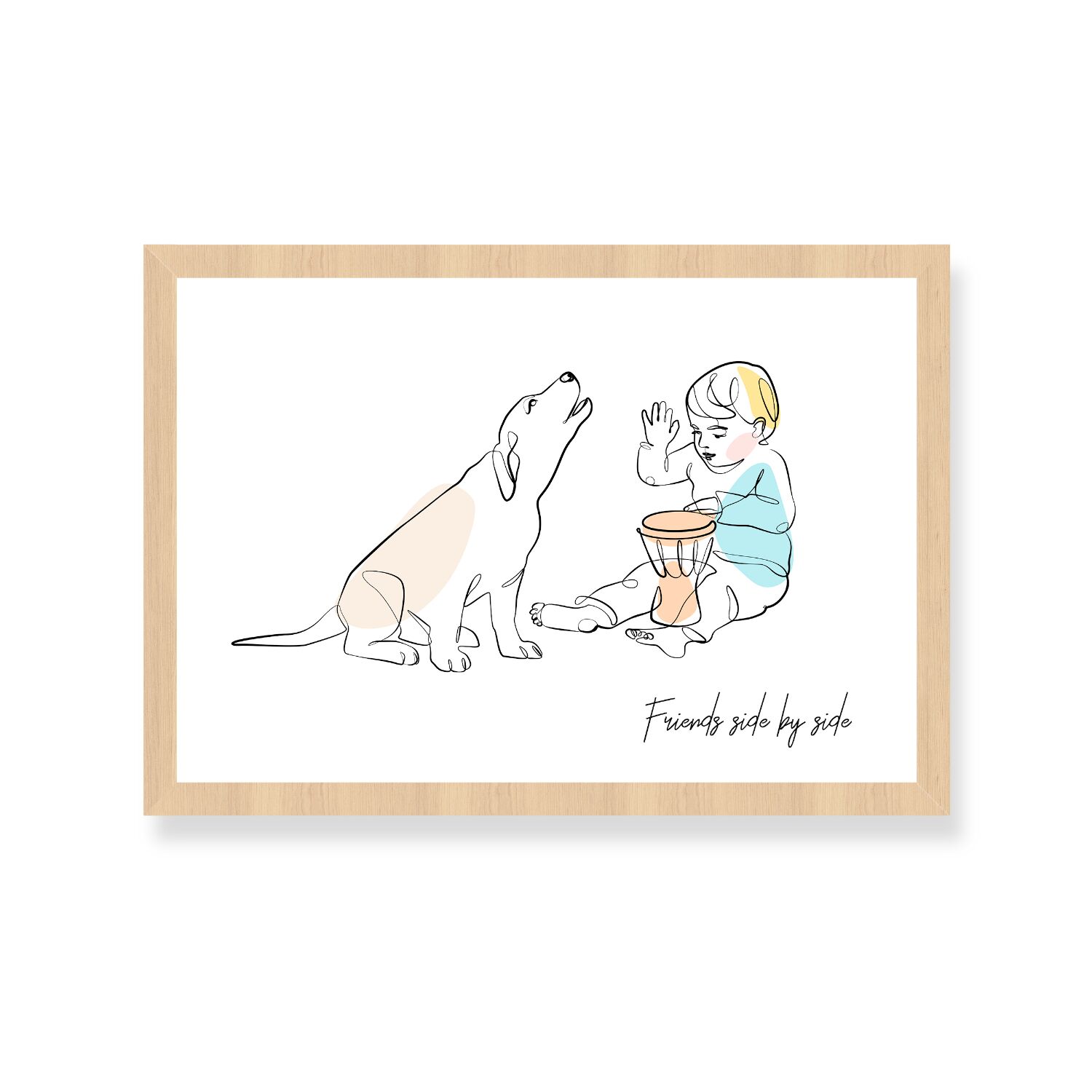 Boy Playing Drum Side By Side With His Dog Premium Matte Paper Wooden Framed Poster
