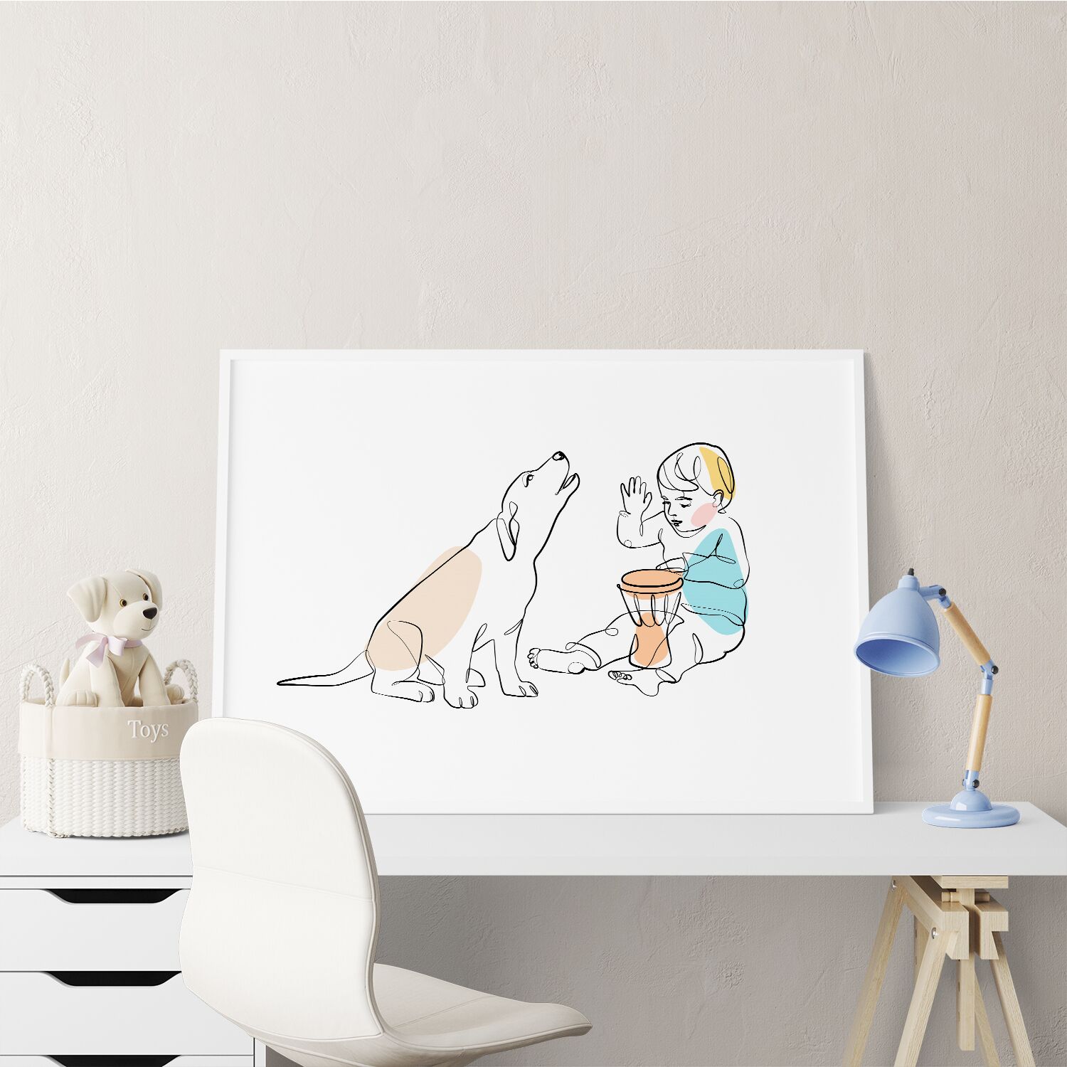 Boy Playing Drum Side By Side With His Dog Premium Matte Paper Wooden Framed Poster - Image 2