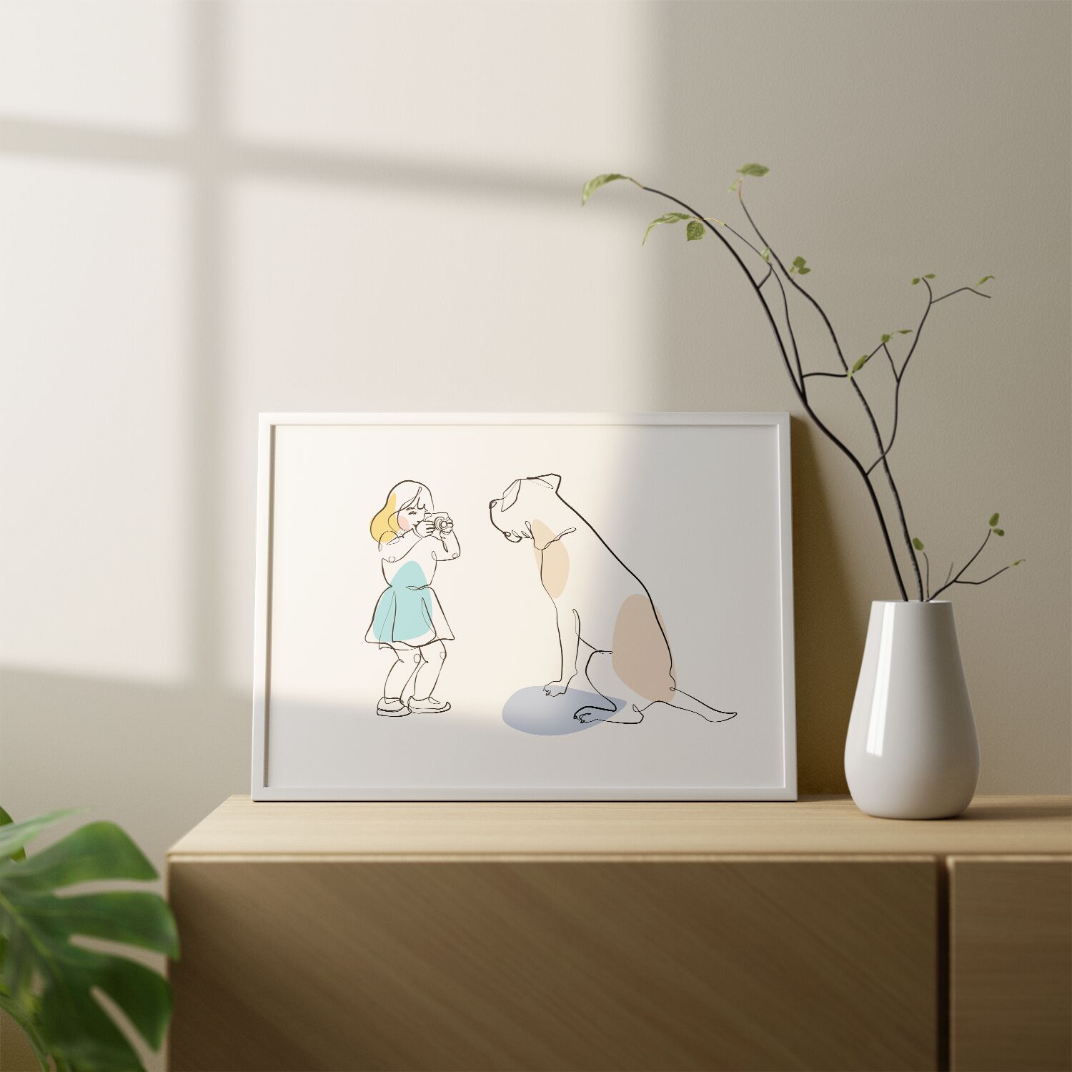 Girl Taking Picture For Her Best Friend Dog Premium Matte Paper Wooden Framed Poster - Image 2