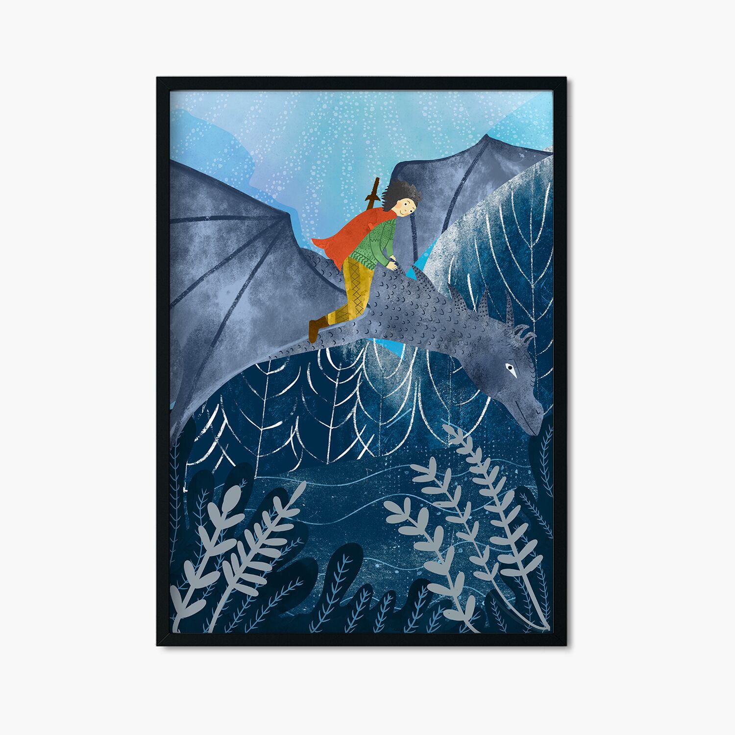 Cute Prince Riding a Dragon Above Winter Forest Wall Poster