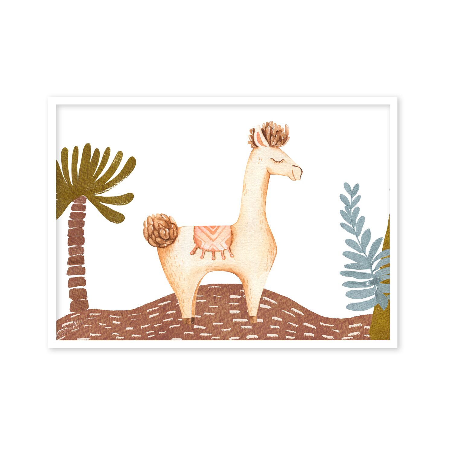 Brown Boho Lama Closing Eyes on Nordic Background Premium Matte Paper Wooden Framed Poster