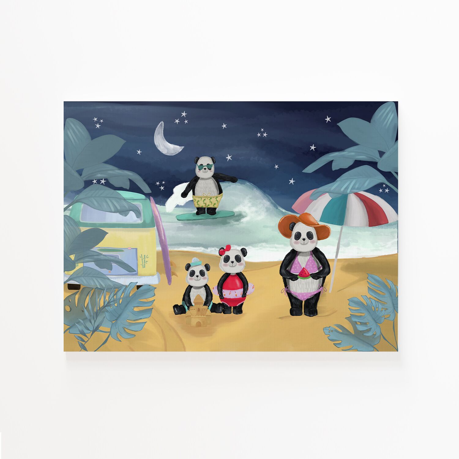 Wall Art For Toddlers, Bear Family At Beach In The Night Premium Canvas