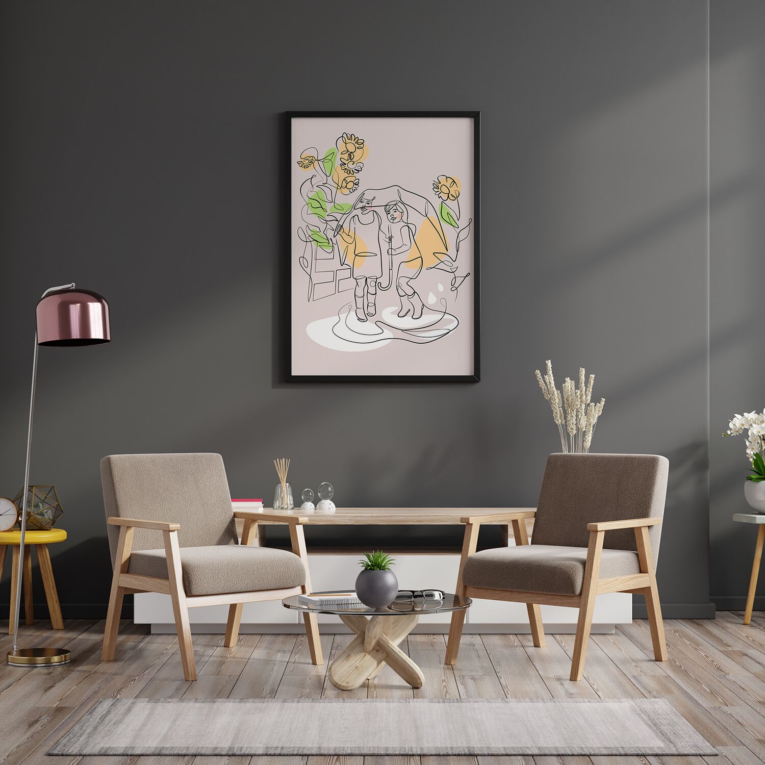 Sisters Playing in the Rain, Nursery Wall Decor Line Art Poster - Image 2