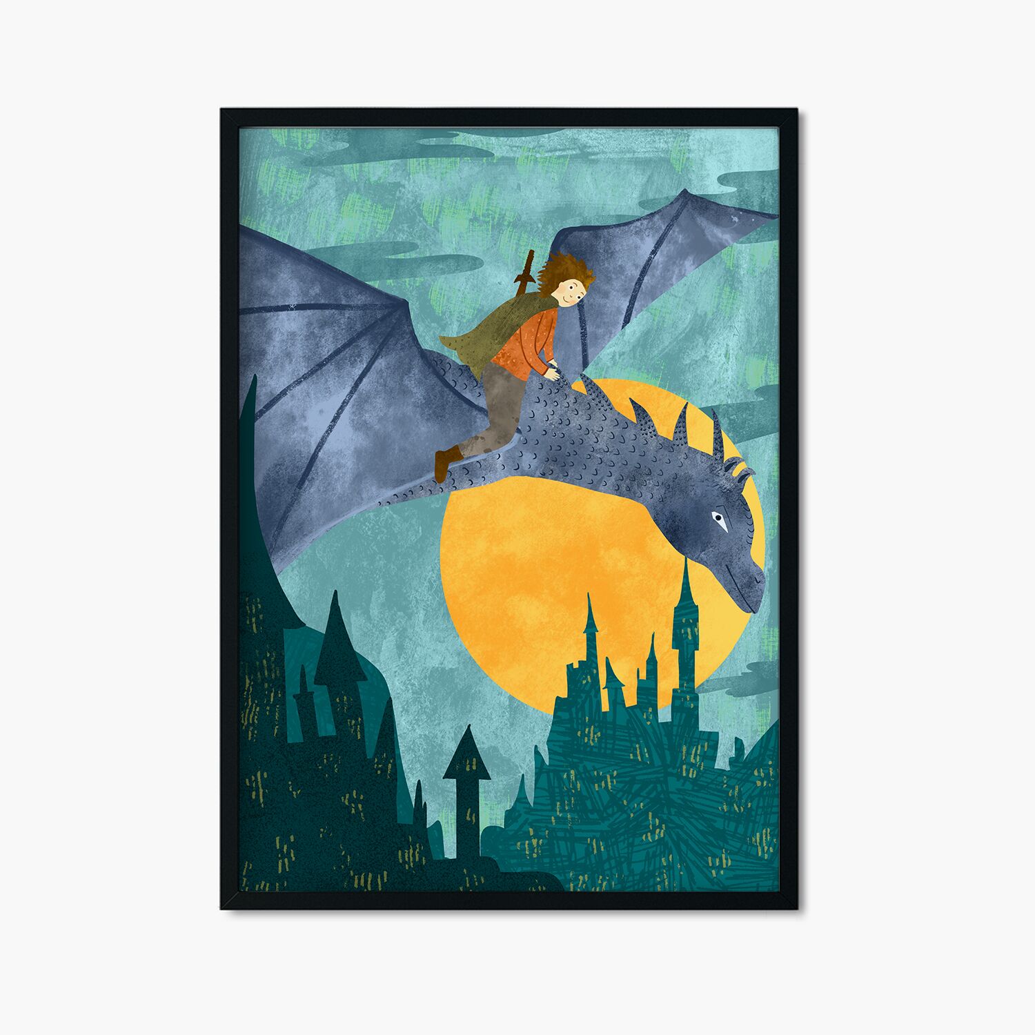 Cute Prince Riding a Dragon Above Old Town Personalised Wall Poster For Boys