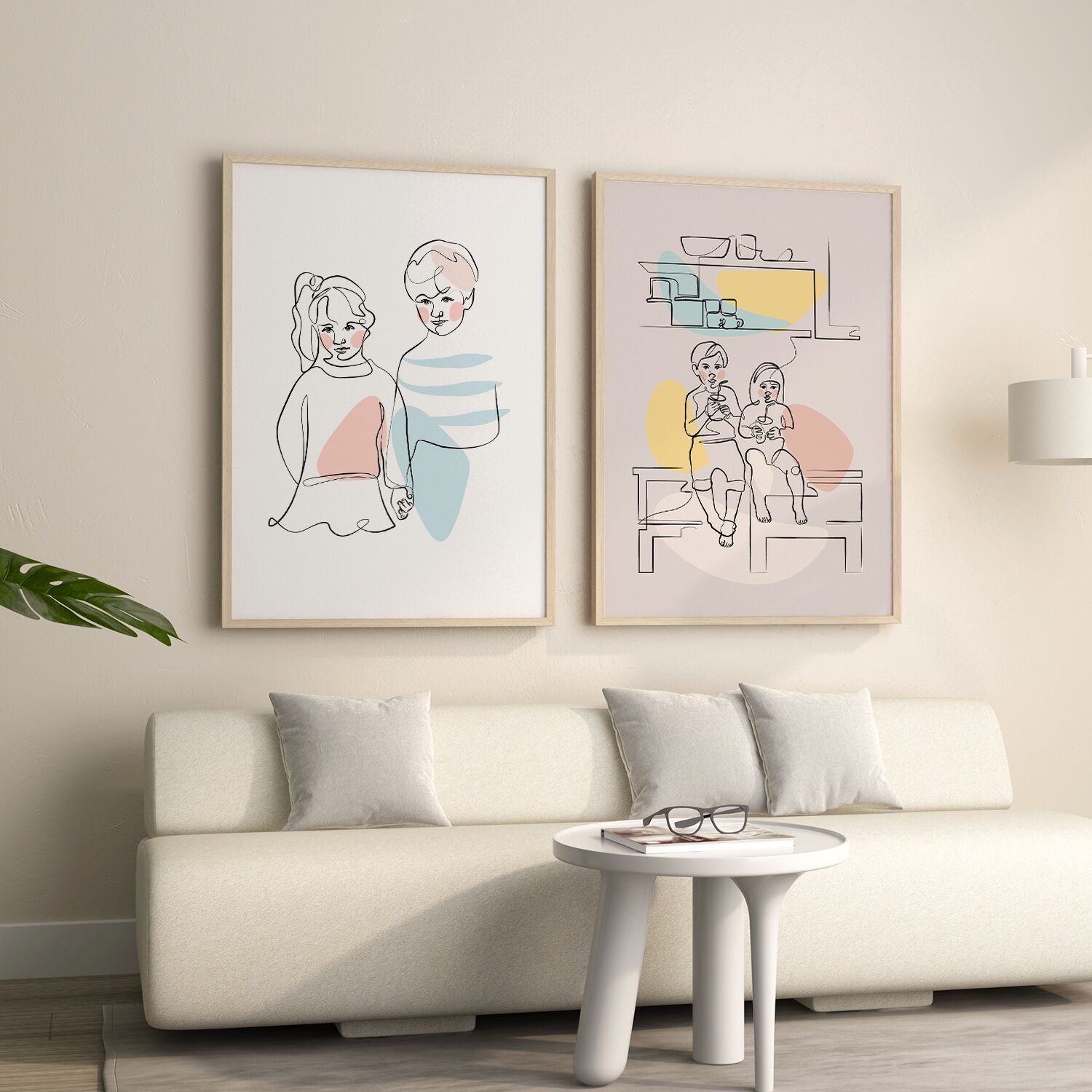 Big Brother And Little Sister Siblings Sitting In The Kitchen Nursery Line Art Framed Poster - Image 4