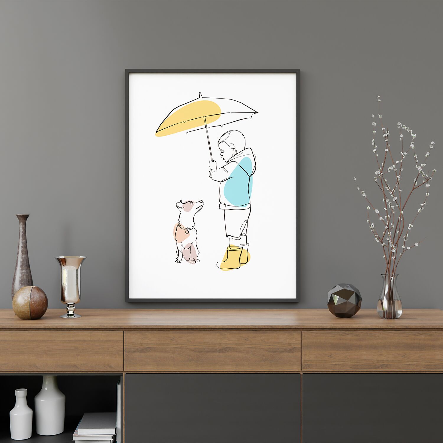 Boy Holding An Umbrella Under The Rain With His Dog Premium Matte Paper Wooden Framed Poster - Image 2
