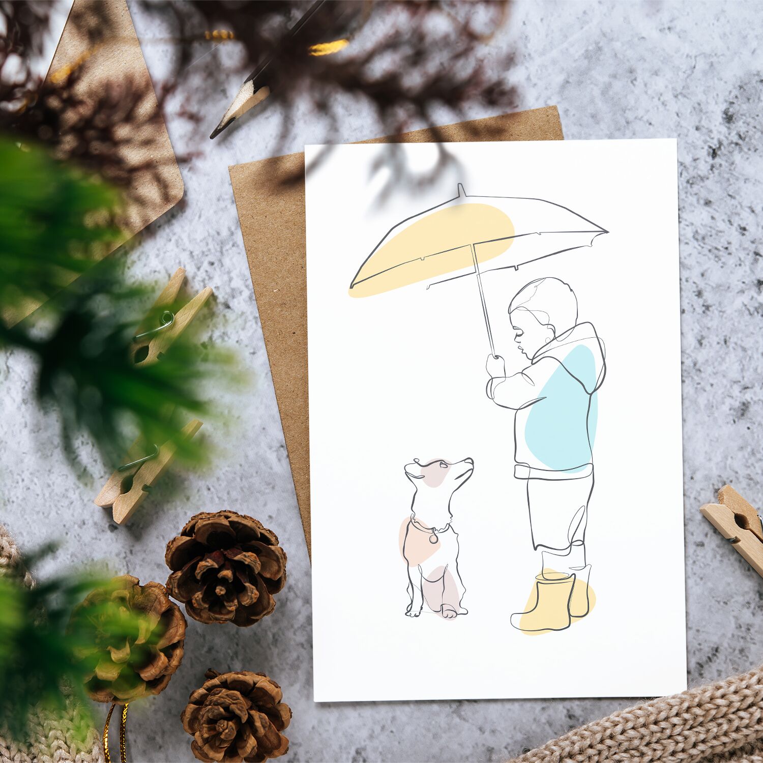 Boy Holding An Umbrella Under The Rain With His Dog Premium Matte Paper Wooden Framed Poster - Image 3