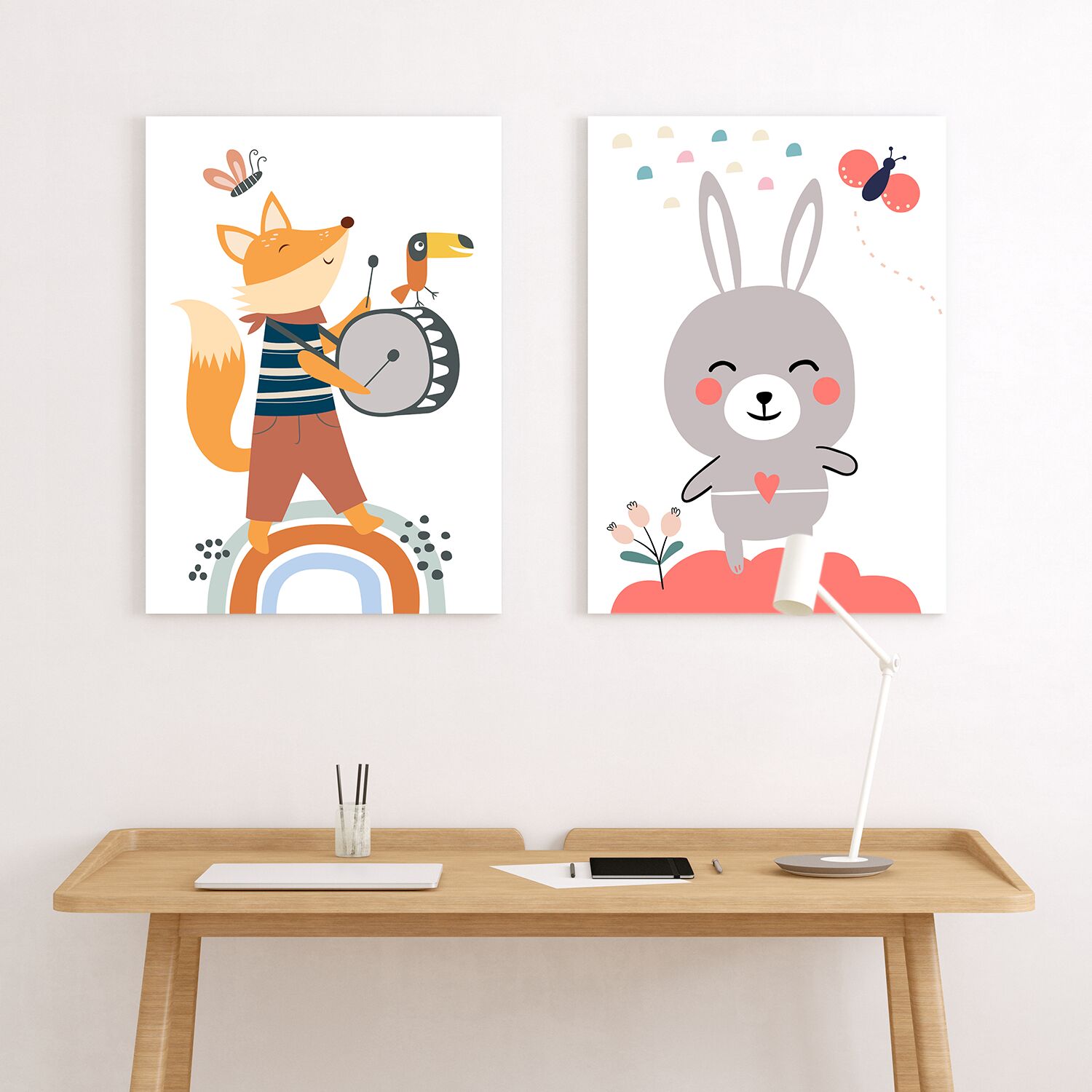 Toddlers Poster, With Fox Playing a Bass Drum With Toucan Bird And Butterfly - Image 4