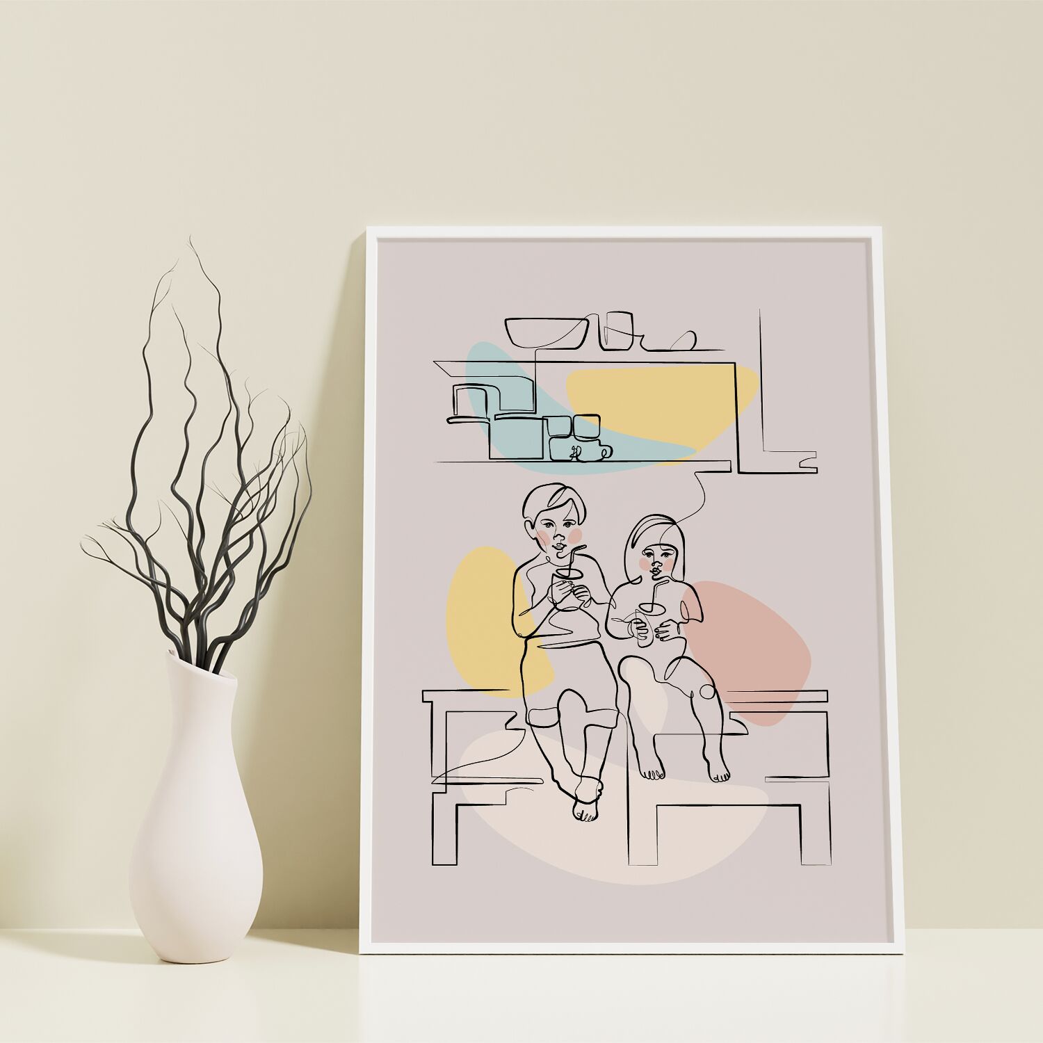 Big Brother And Little Sister Siblings Sitting In The Kitchen Nursery Line Art Framed Poster - Image 2