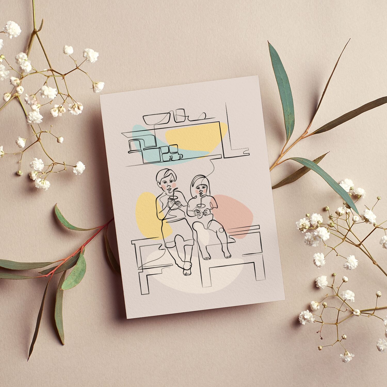 Big Brother And Little Sister Siblings Sitting In The Kitchen Nursery Line Art Framed Poster - Image 3
