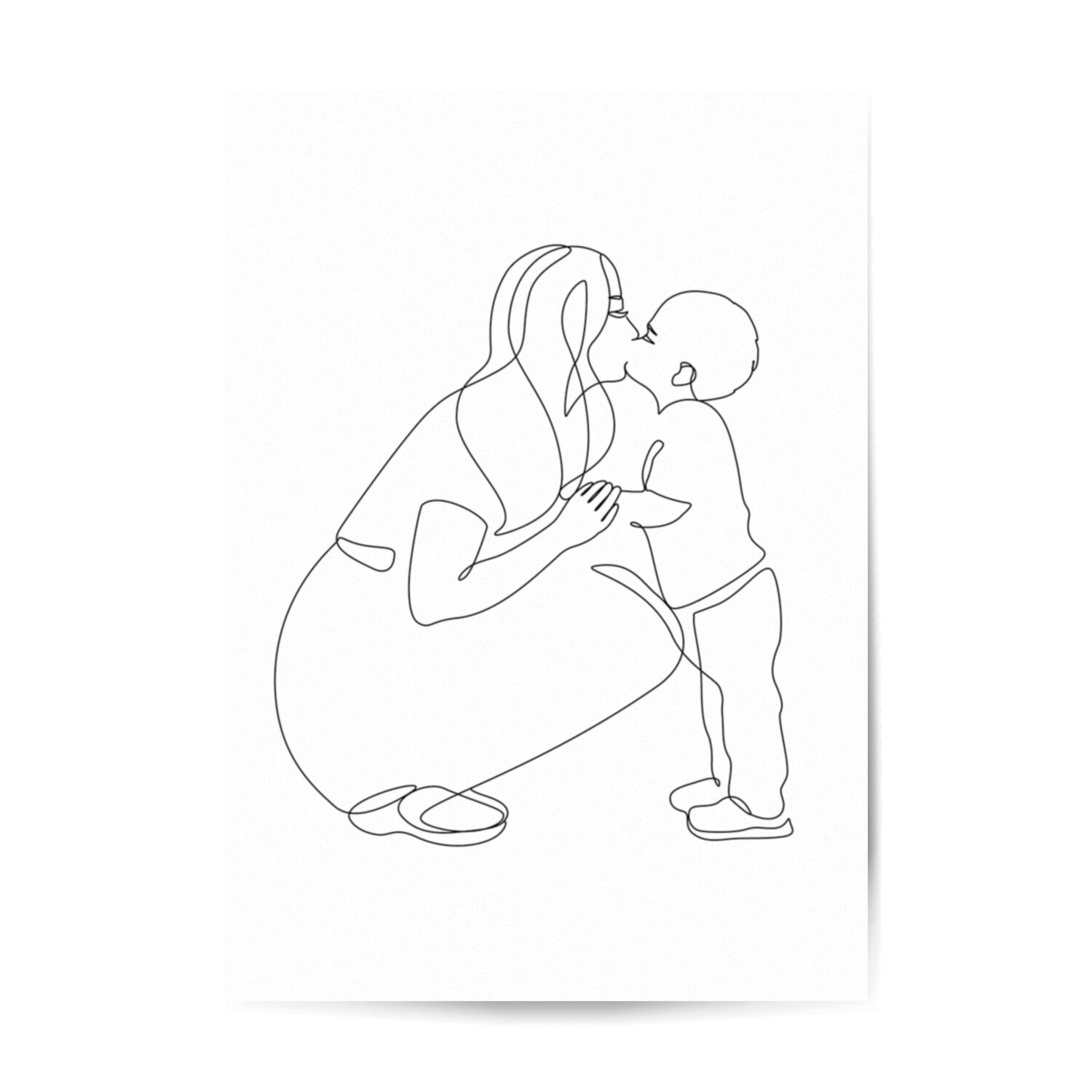 Mom Kissing Her Little Boy Black Line Art Premium Matte Paper Poster