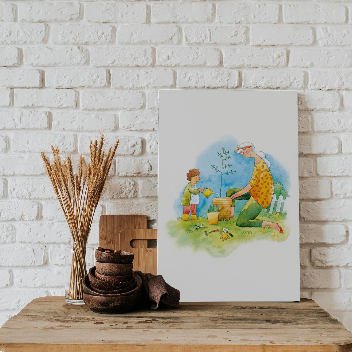 Grandmother planting with grandson Premium Canvas For Family - Image 2