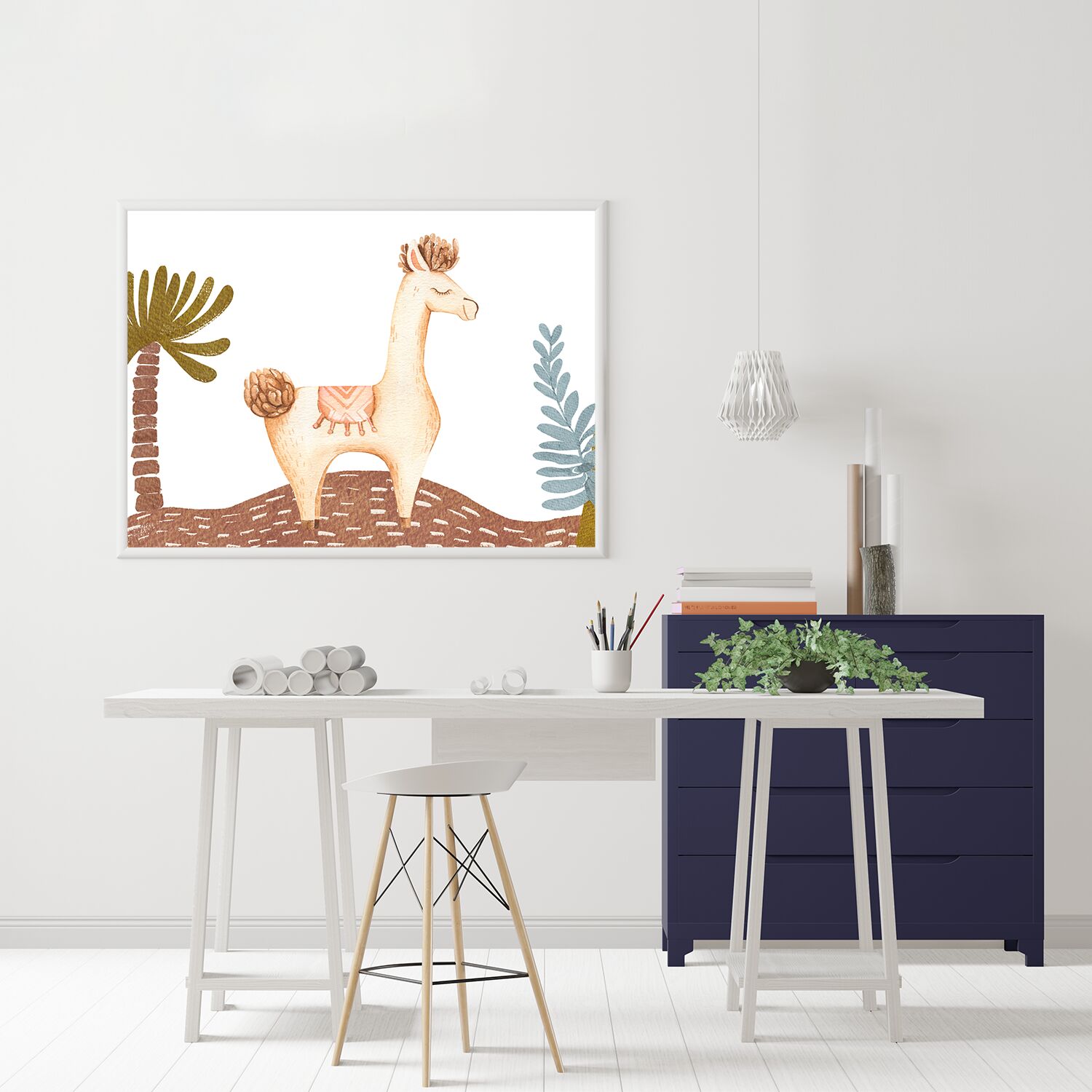 Brown Boho Lama Closing Eyes on Nordic Background Premium Matte Paper Wooden Framed Poster - Image 3