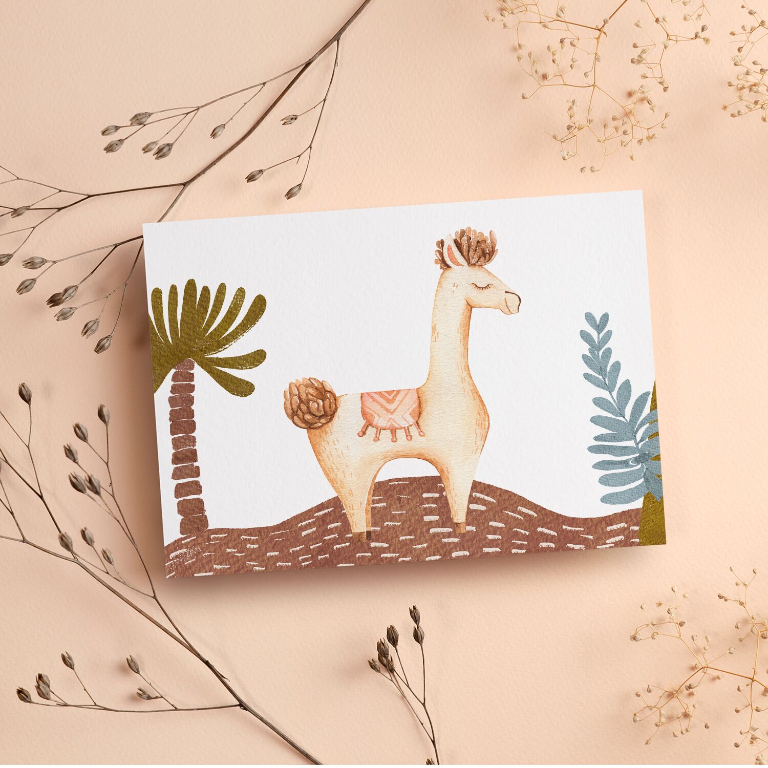 Brown Boho Lama Closing Eyes on Nordic Background Premium Matte Paper Wooden Framed Poster - Image 4