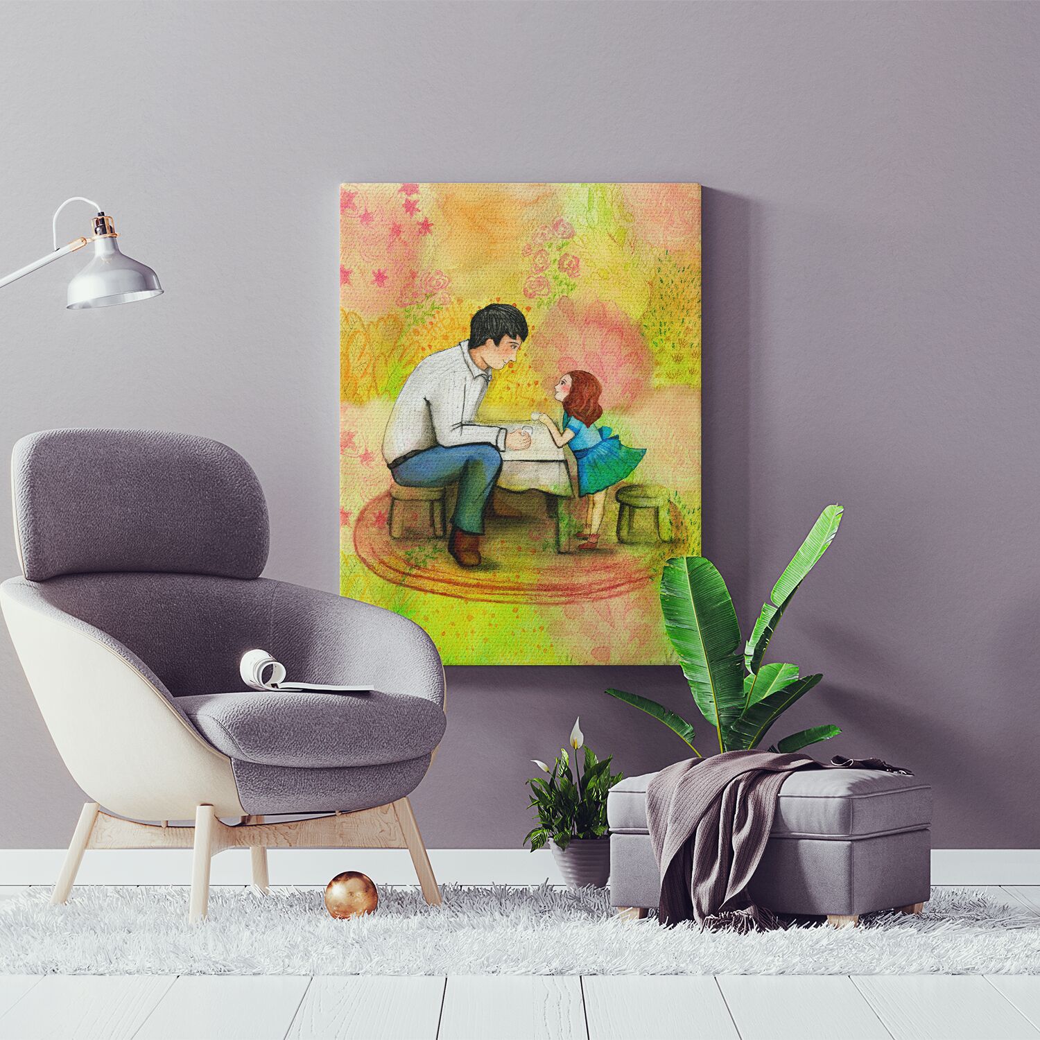 Dad And Daughter Having A Tea Together Wall Art For Girls, Premium Canvas - Image 2