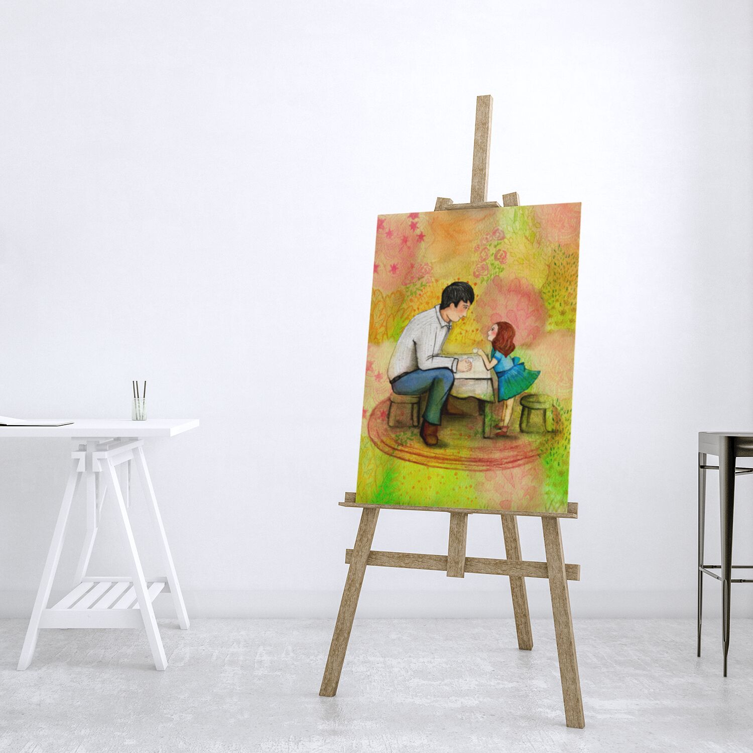 Dad And Daughter Having A Tea Together Wall Art For Girls, Premium Canvas - Image 3