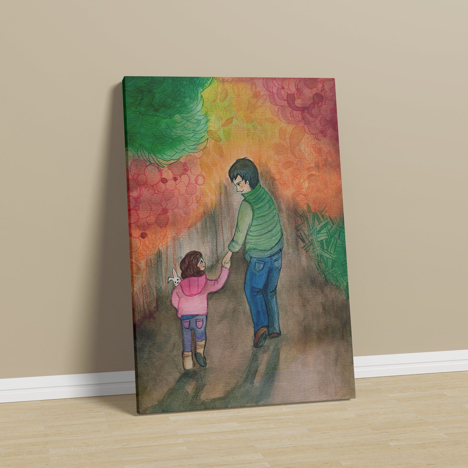 Dad and Daughter Walking with a Rabbit Wall Art - Image 3