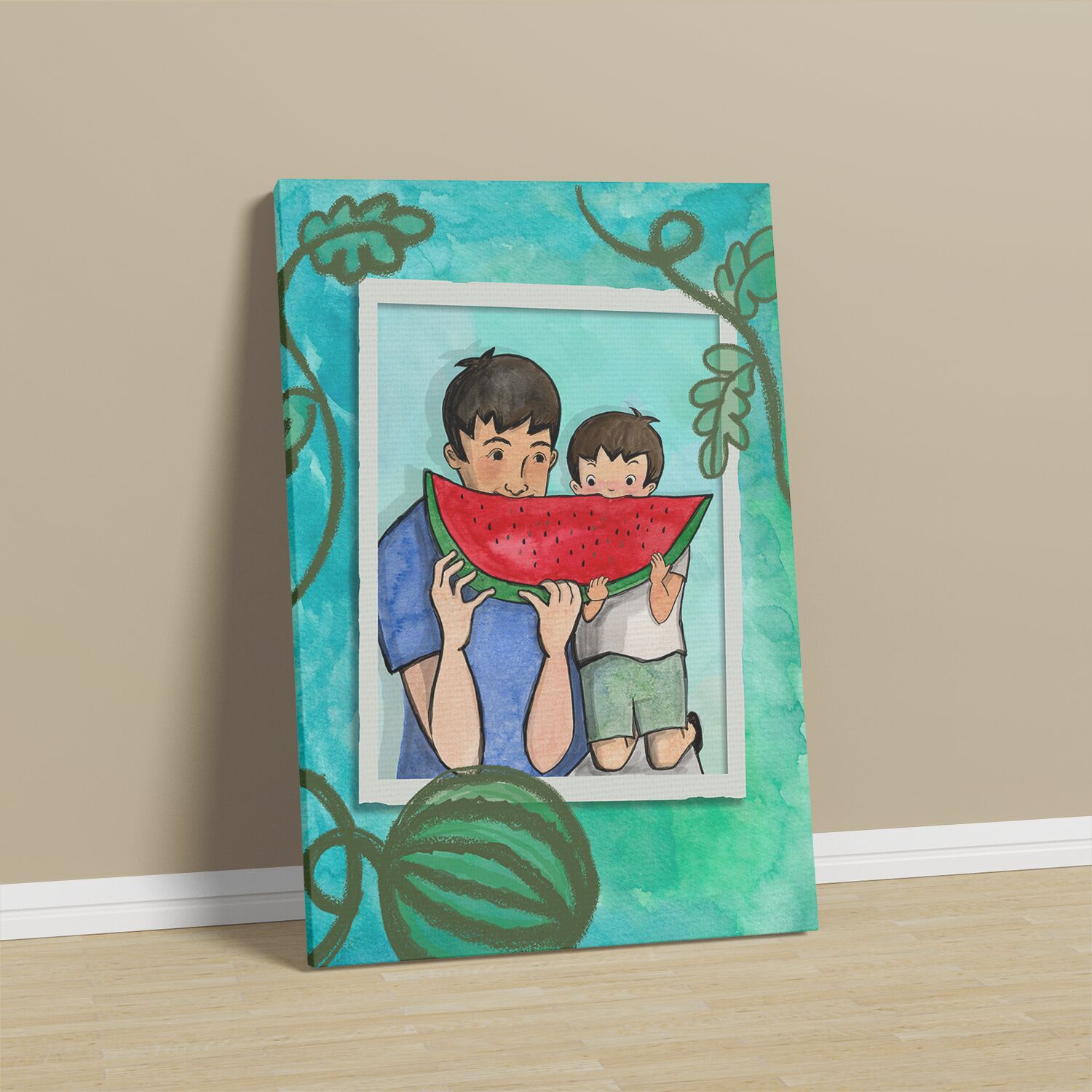 Dad And Son Eating Watermelon Together Wall Art For Boys, Premium Canvas - Image 3