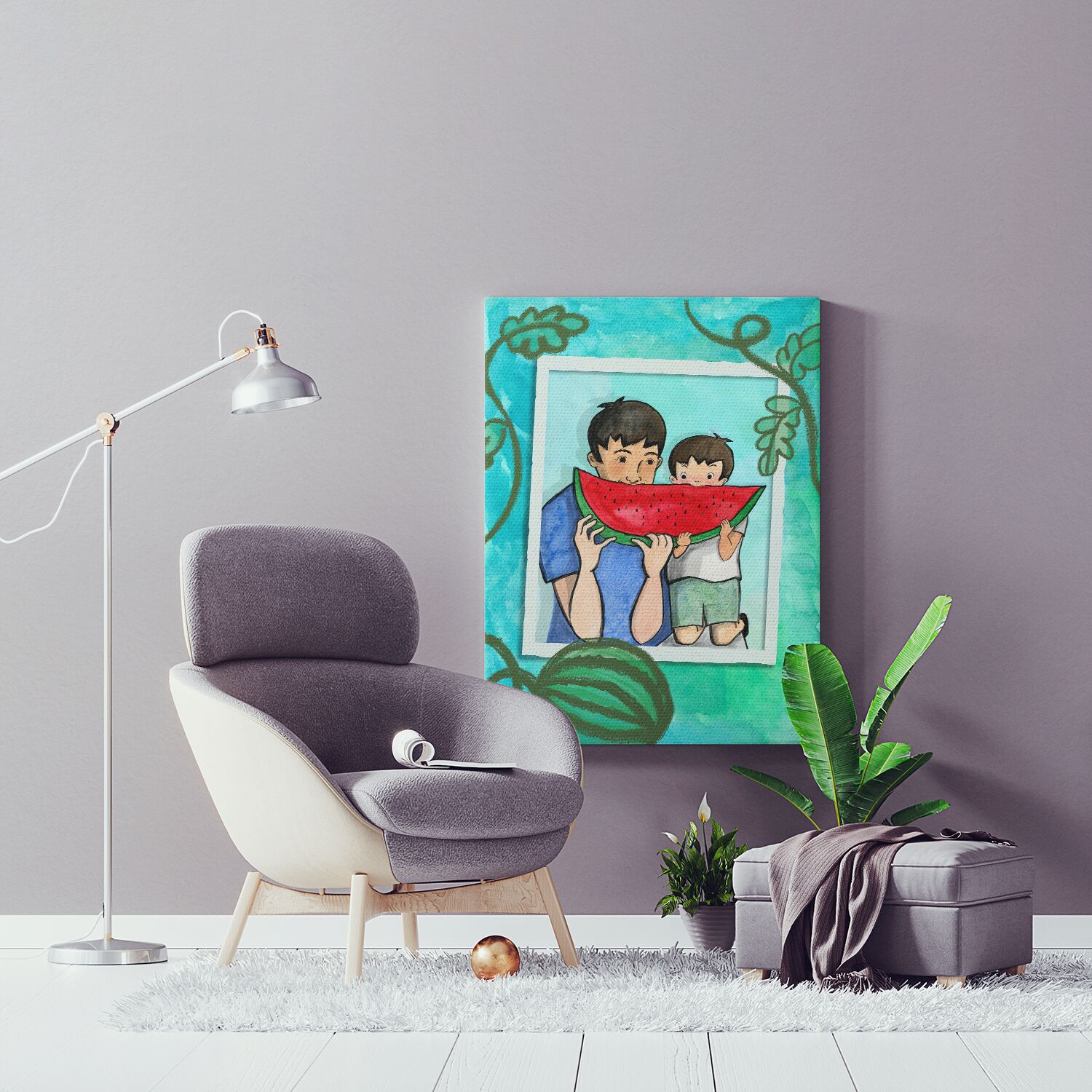 Dad And Son Eating Watermelon Together Wall Art For Boys, Premium Canvas - Image 2