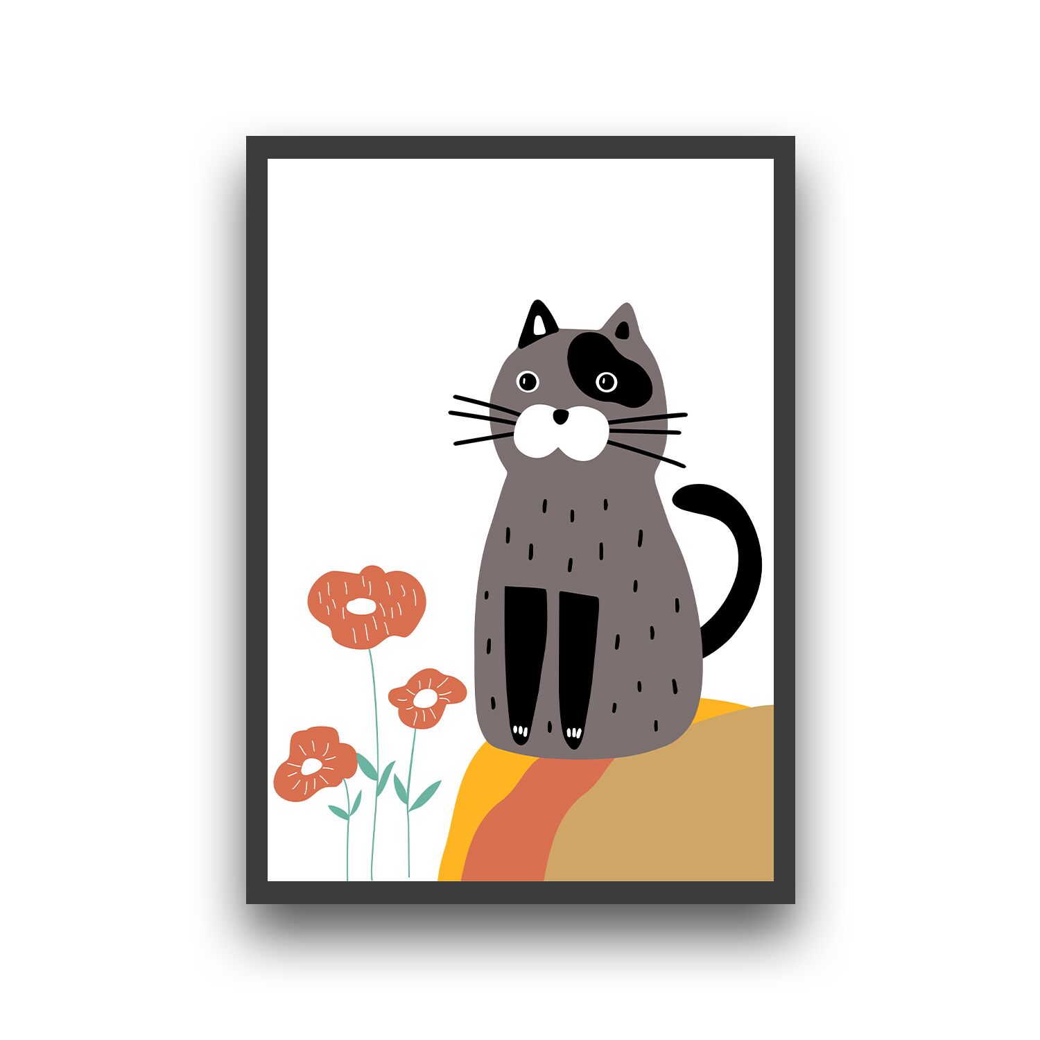 Gray Cat Sitting On Boho Stone Premium Matte Paper Wooden Framed Poster