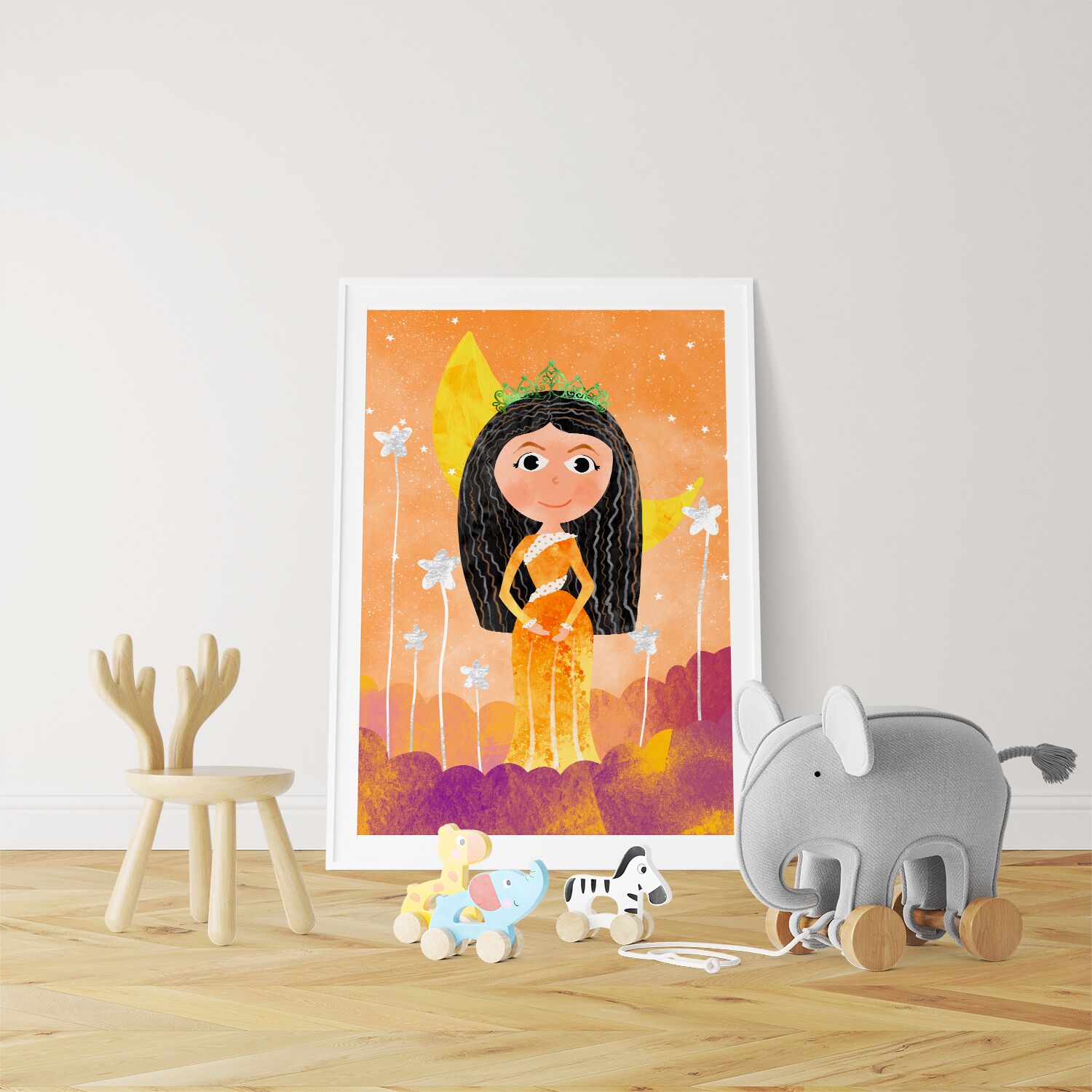 Cute Princess On Golden Clouds With Moon Personalised Wall Poster For Girls - Image 2