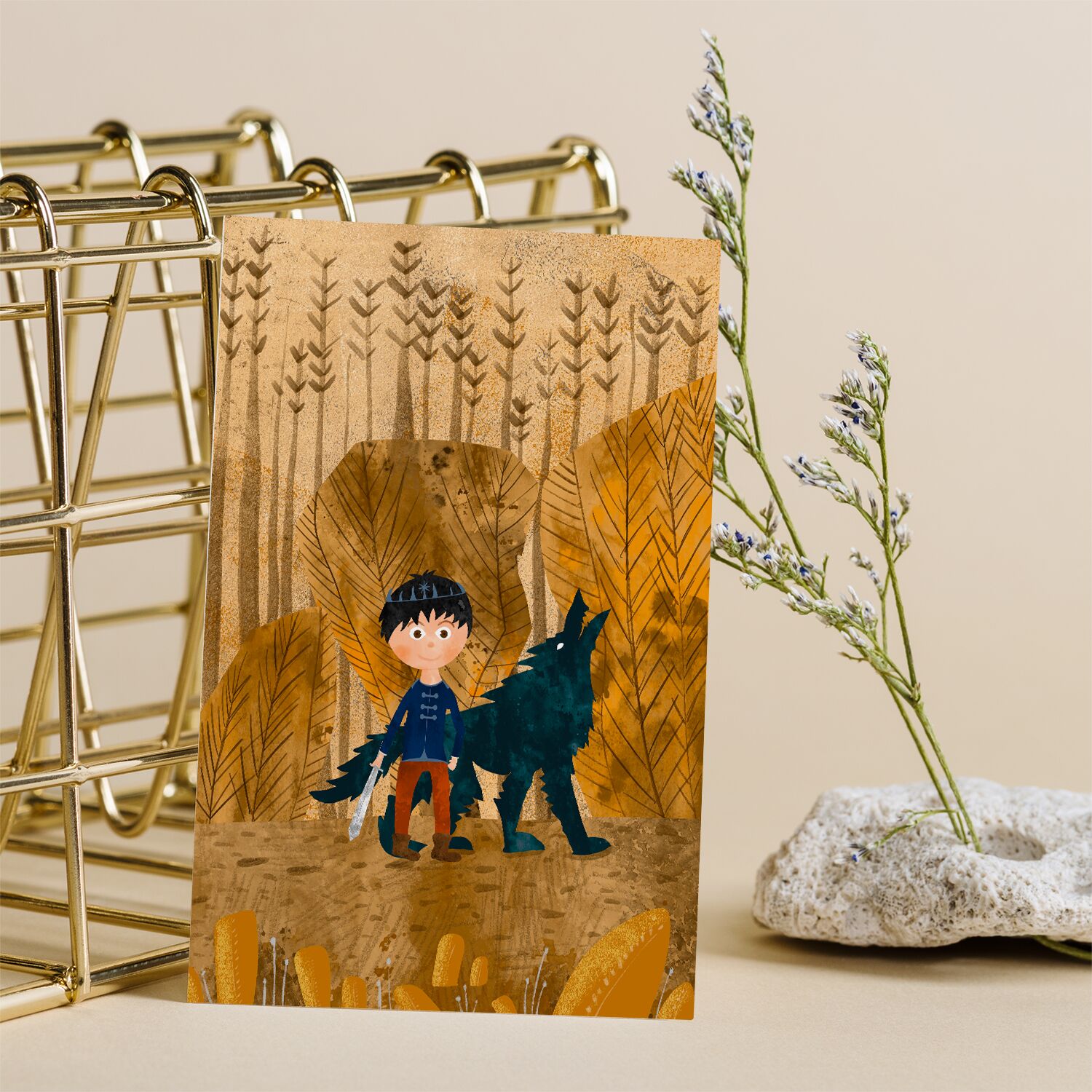 Cute Prince On Gold Crown With Wolf In Deserted Forest Personalised Wall Poster For Boys - Image 3