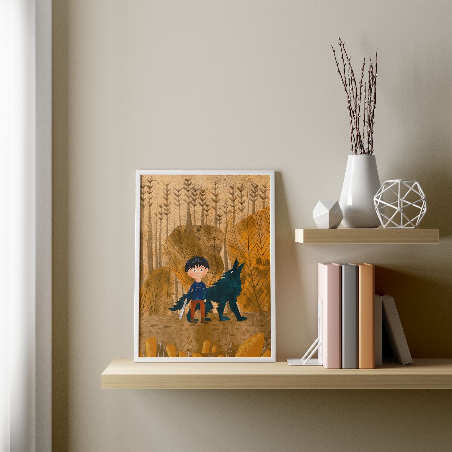 Cute Prince On Gold Crown With Wolf In Deserted Forest Personalised Wall Poster For Boys - Image 2