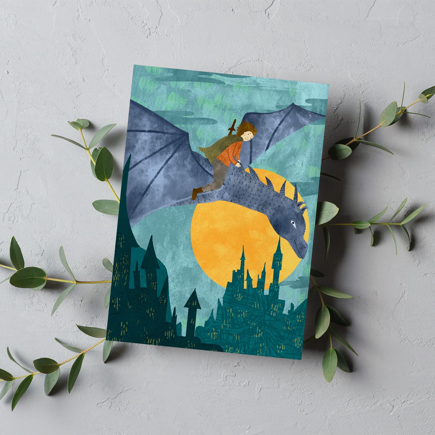 Cute Prince Riding a Dragon Above Old Town Personalised Wall Poster For Boys - Image 3