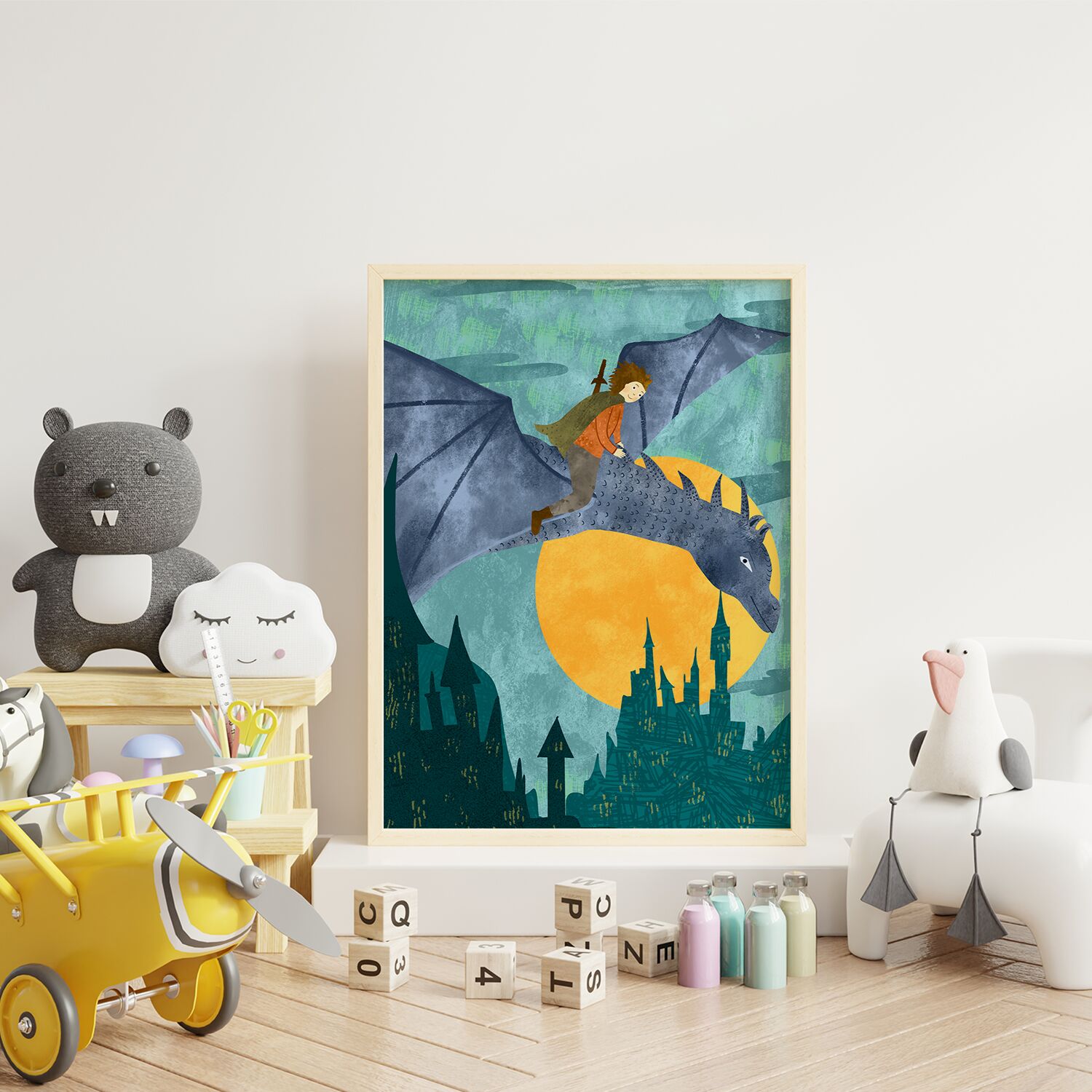 Cute Prince Riding a Dragon Above Old Town Personalised Wall Poster For Boys - Image 2