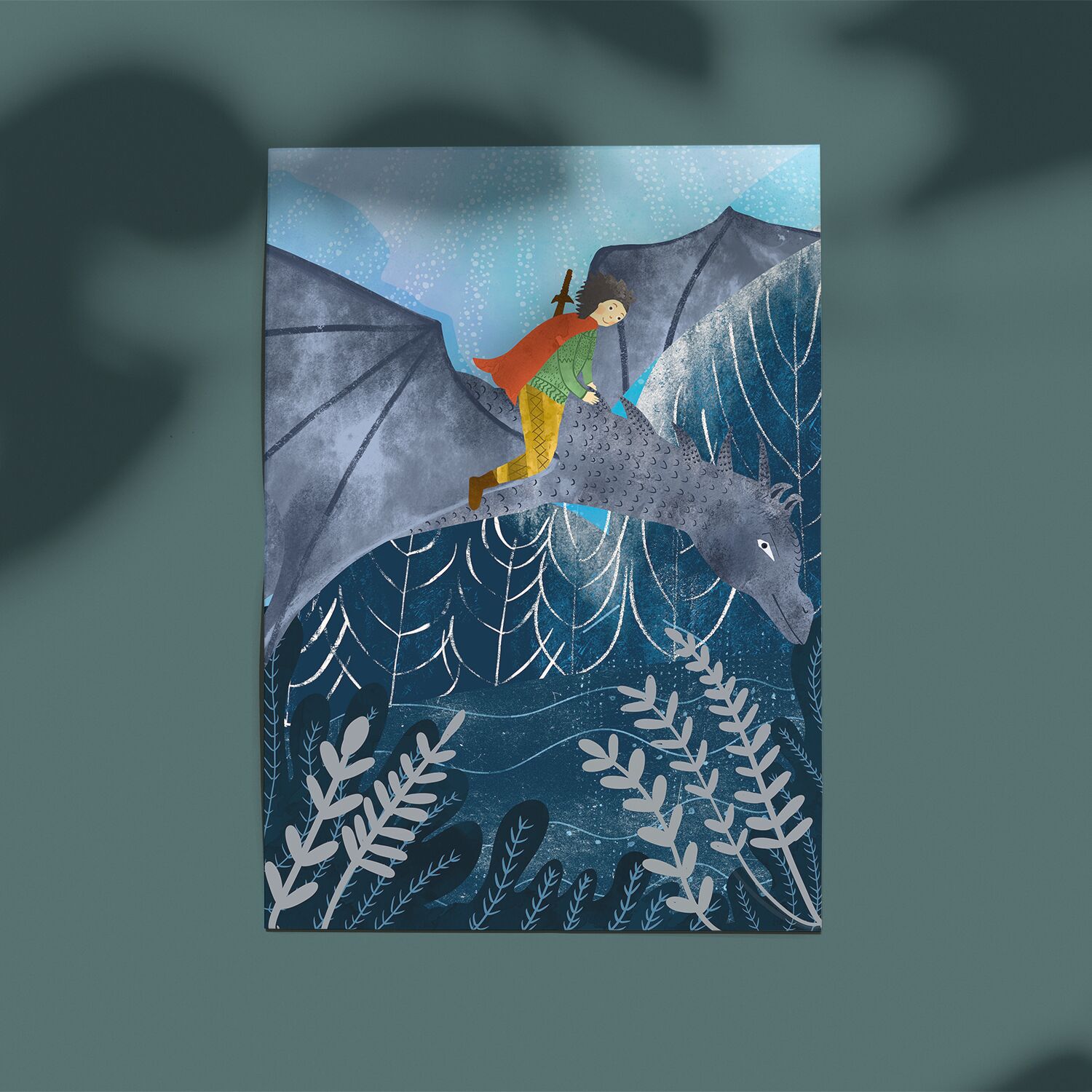 Cute Prince Riding a Dragon Above Winter Forest Wall Poster - Image 3