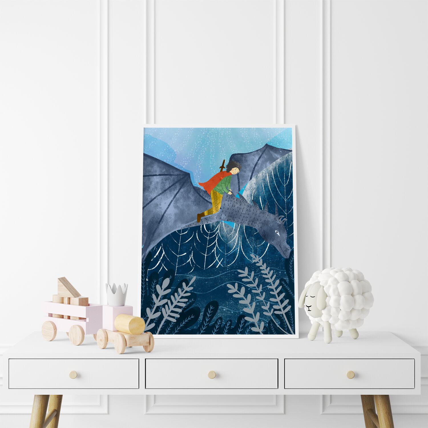 Cute Prince Riding a Dragon Above Winter Forest Wall Poster - Image 2