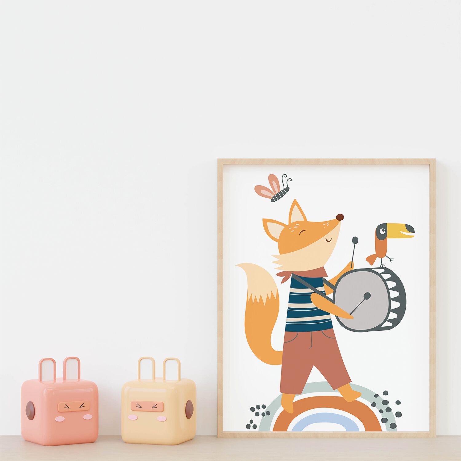 Toddlers Poster, With Fox Playing a Bass Drum With Toucan Bird And Butterfly - Image 3