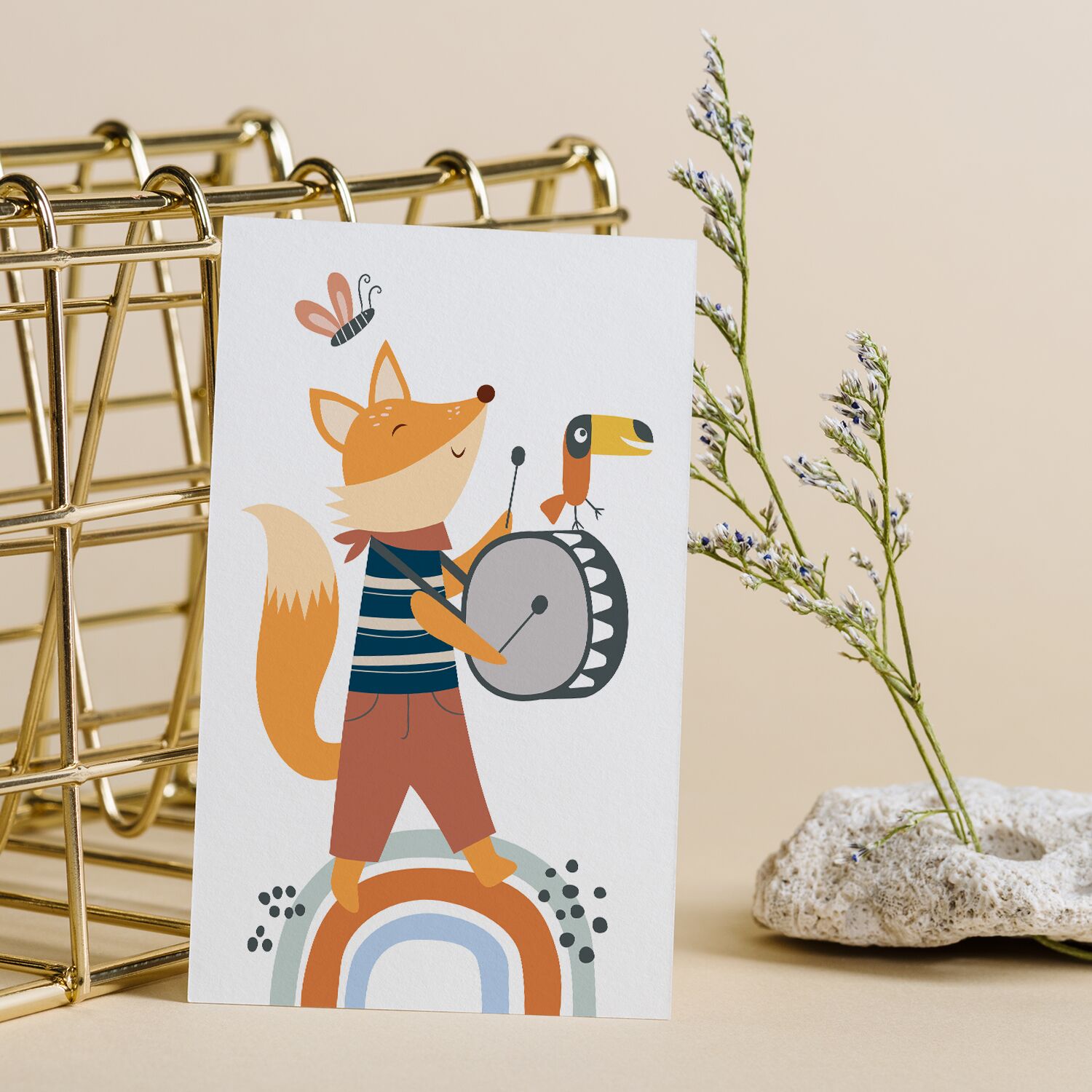 Toddlers Poster, With Fox Playing a Bass Drum With Toucan Bird And Butterfly - Image 2