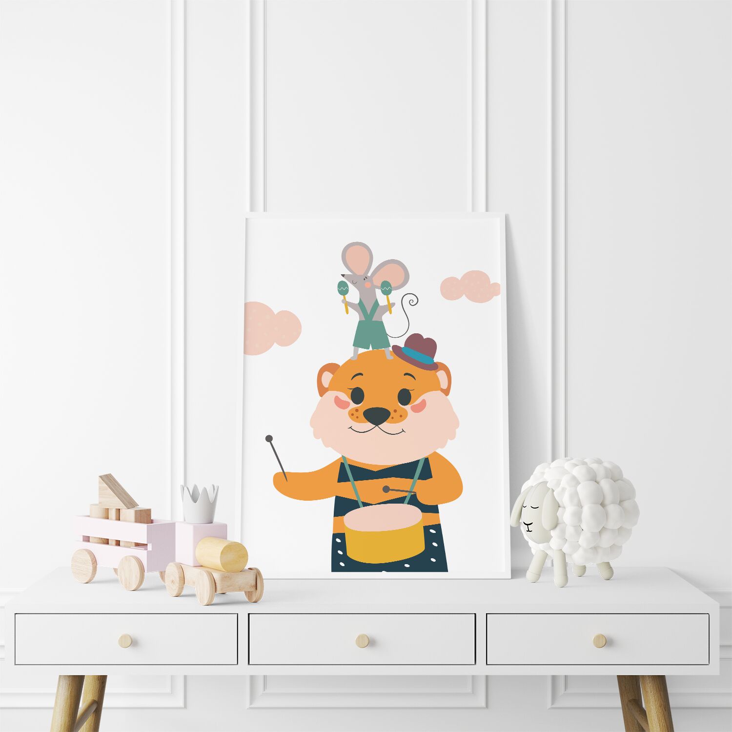 Toddlers Poster, With Cute Tiger Playing a Side Drum And Rat on His Head Playing Maracas - Image 3