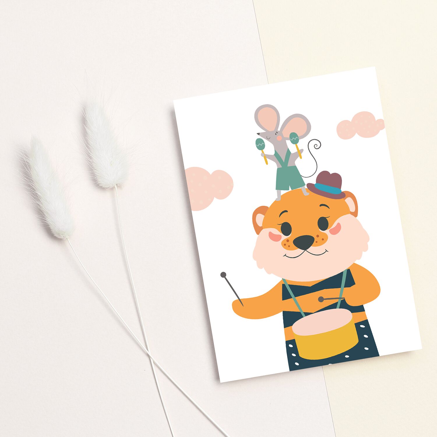 Toddlers Poster, With Cute Tiger Playing a Side Drum And Rat on His Head Playing Maracas - Image 2