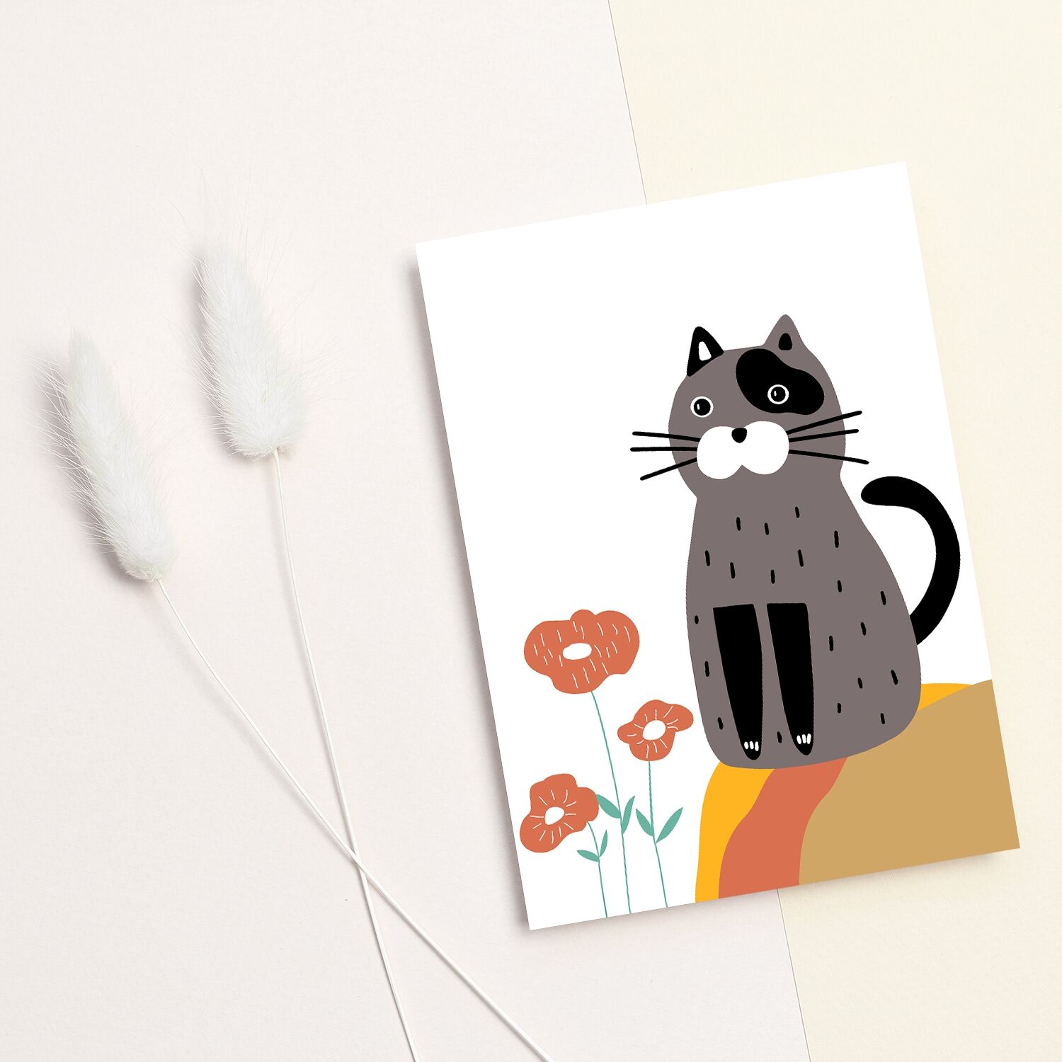 Gray Cat Sitting On Boho Stone Premium Matte Paper Wooden Framed Poster - Image 3