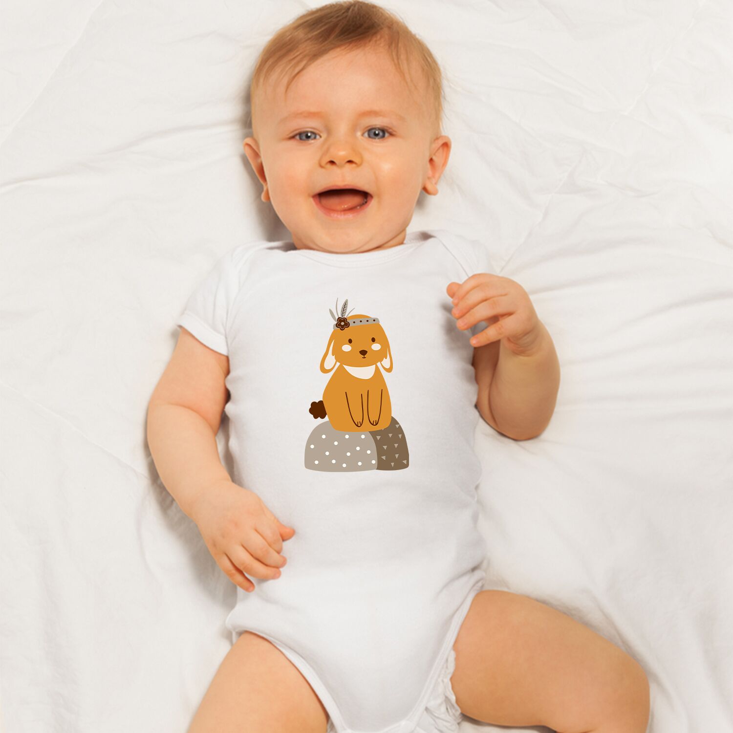 Cute Rabbit Sitting On A Stone Baby Short Sleeve One Piece - Image 3