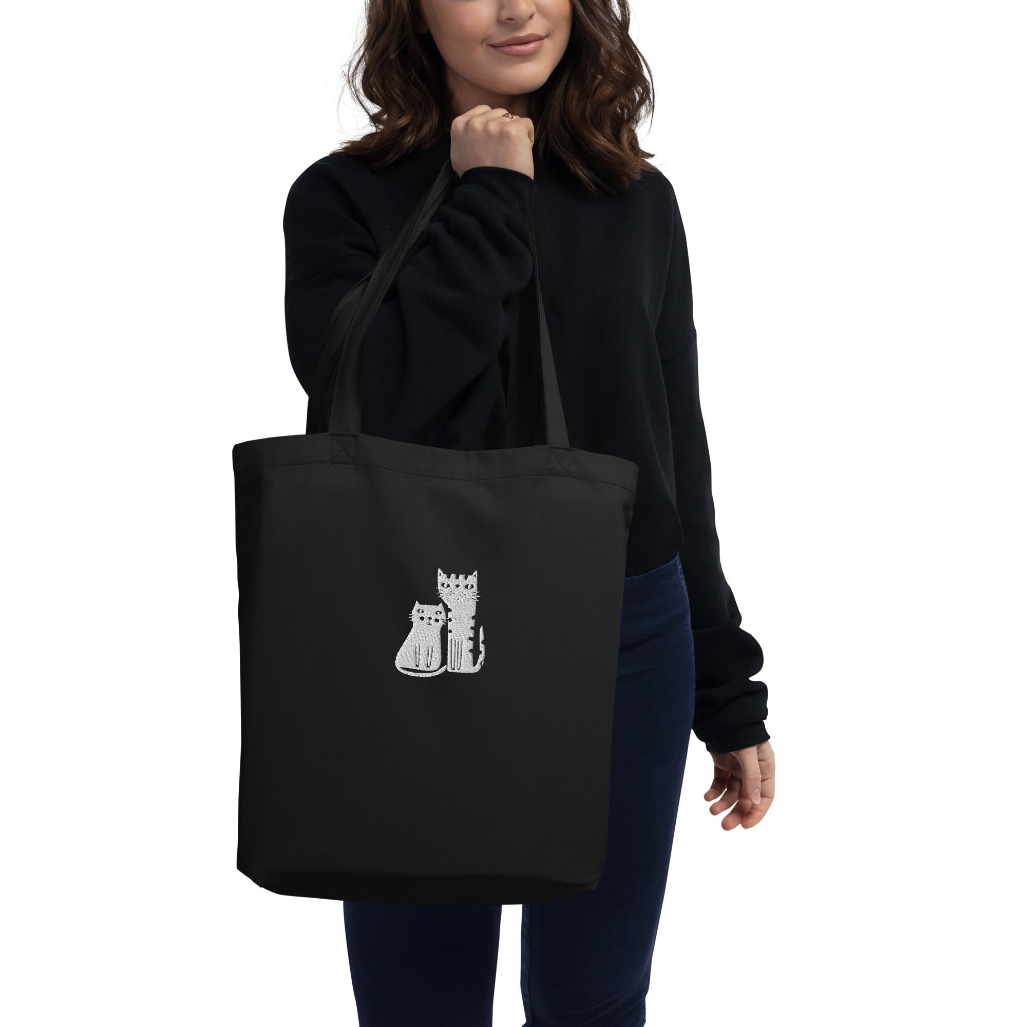 Two Black Cats Boho Eco Embroidery Tote Bag - Image 5