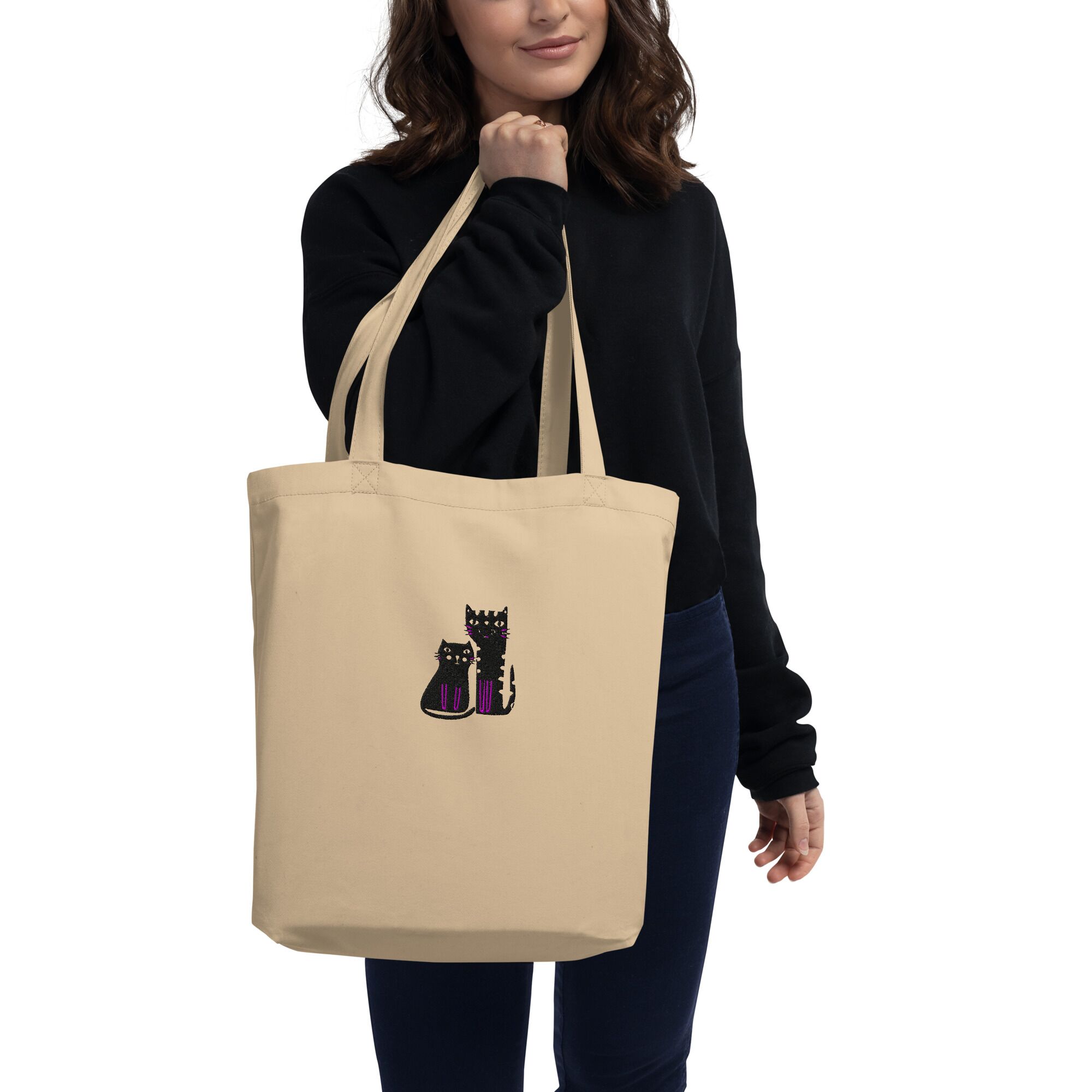 Two Black Cats Boho Eco Embroidery Tote Bag - Image 2