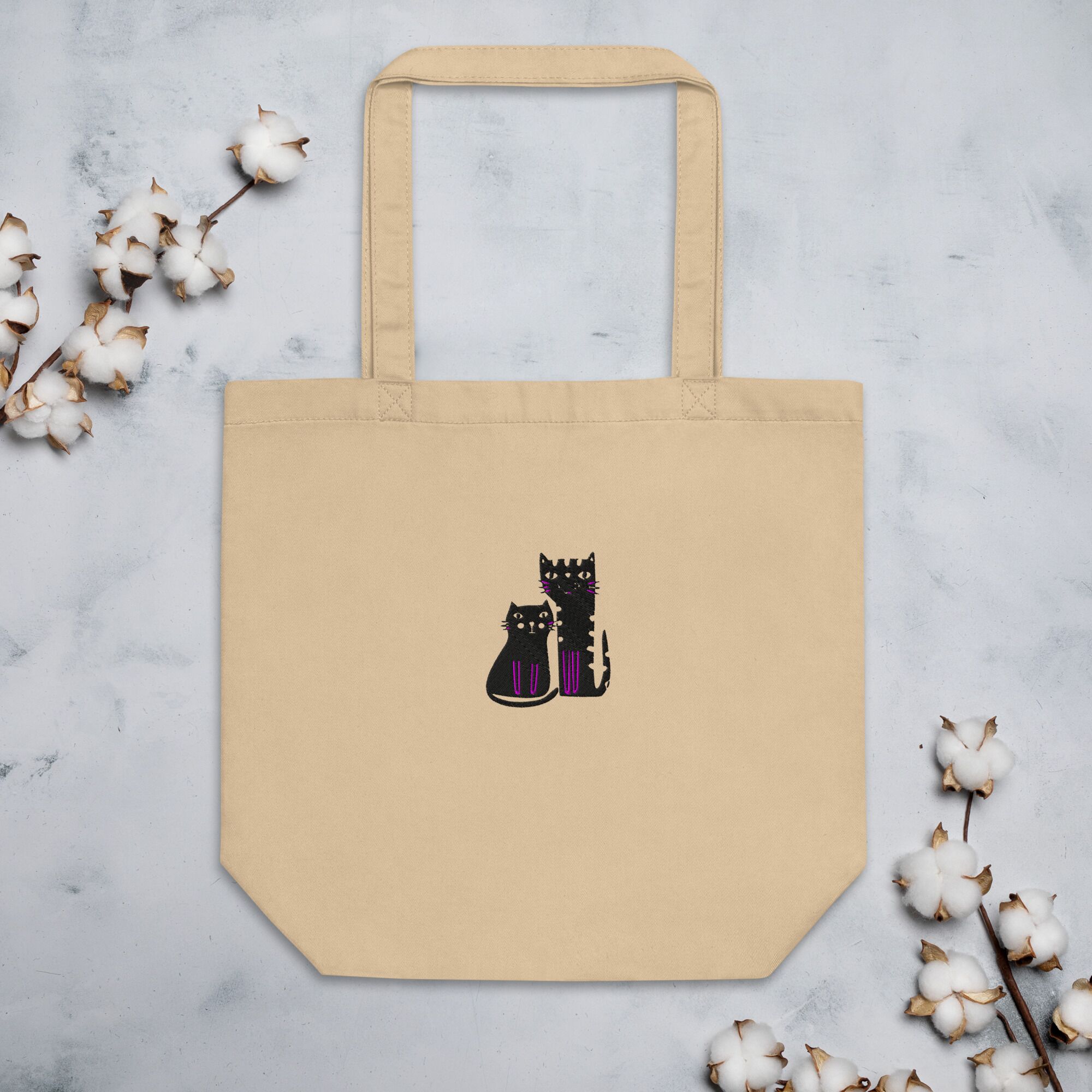 Two Black Cats Boho Eco Embroidery Tote Bag - Image 3